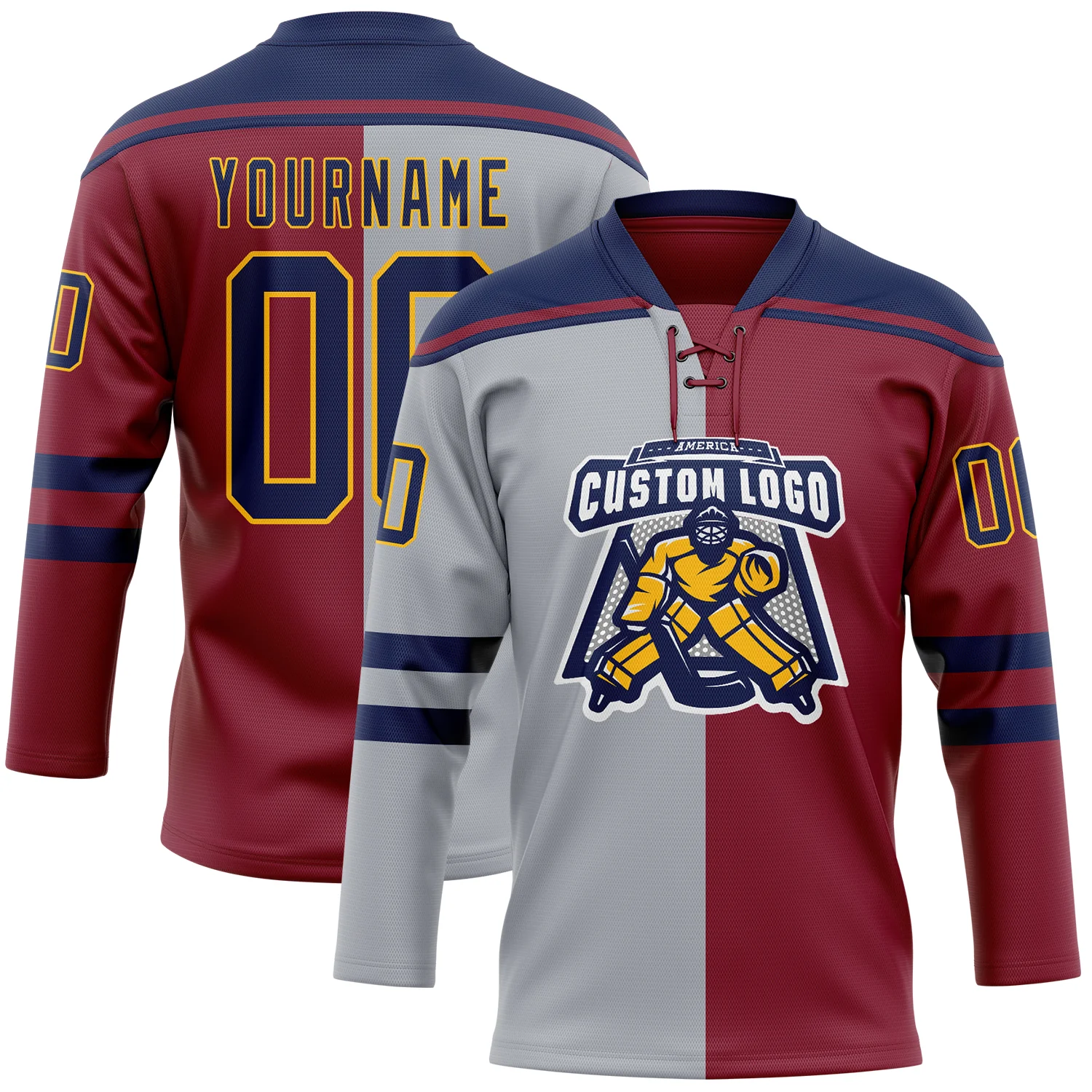 Custom Crimson Navy Gray-Gold Split Fashion Hockey Lace Neck Jersey