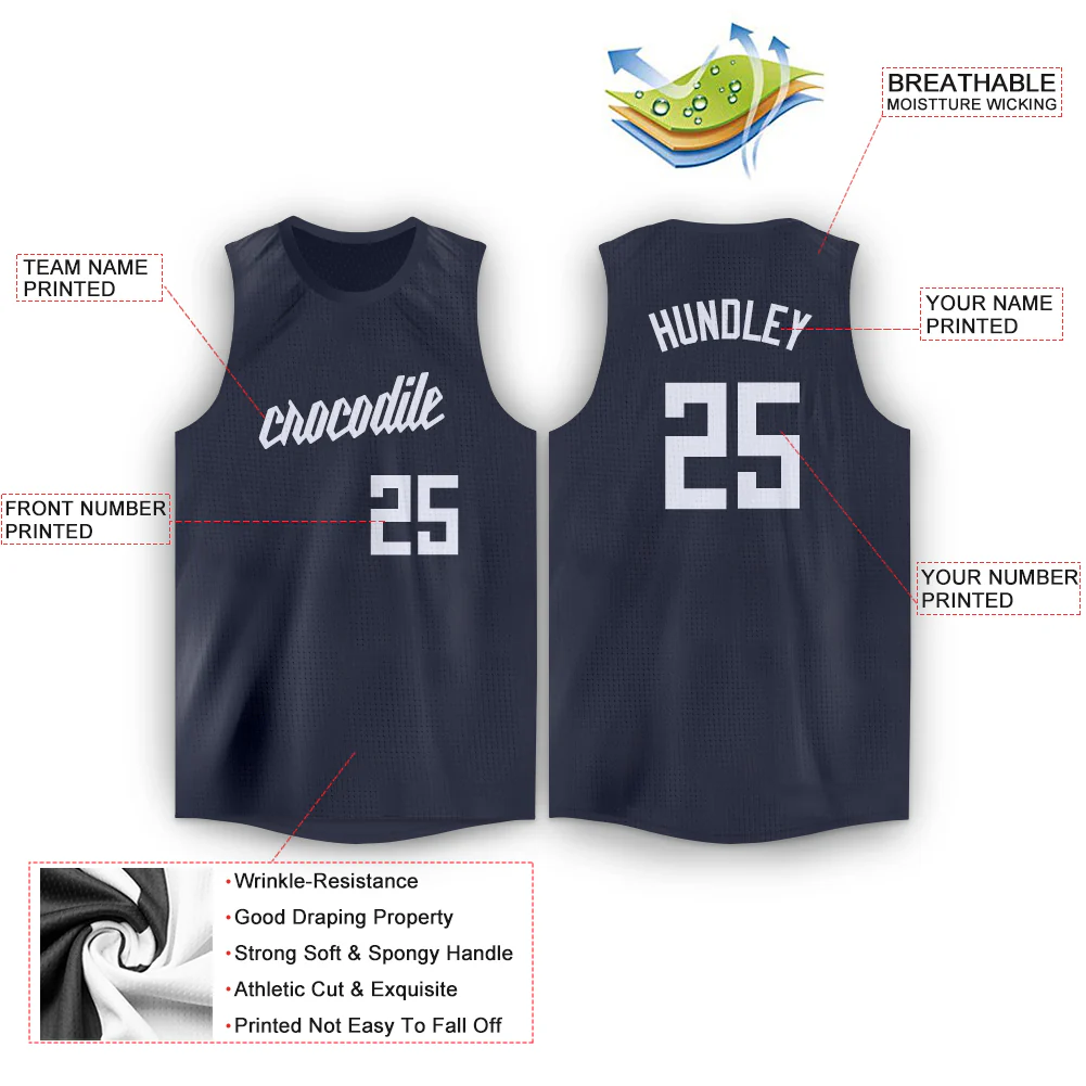 Custom Navy White Round Neck Basketball Jersey