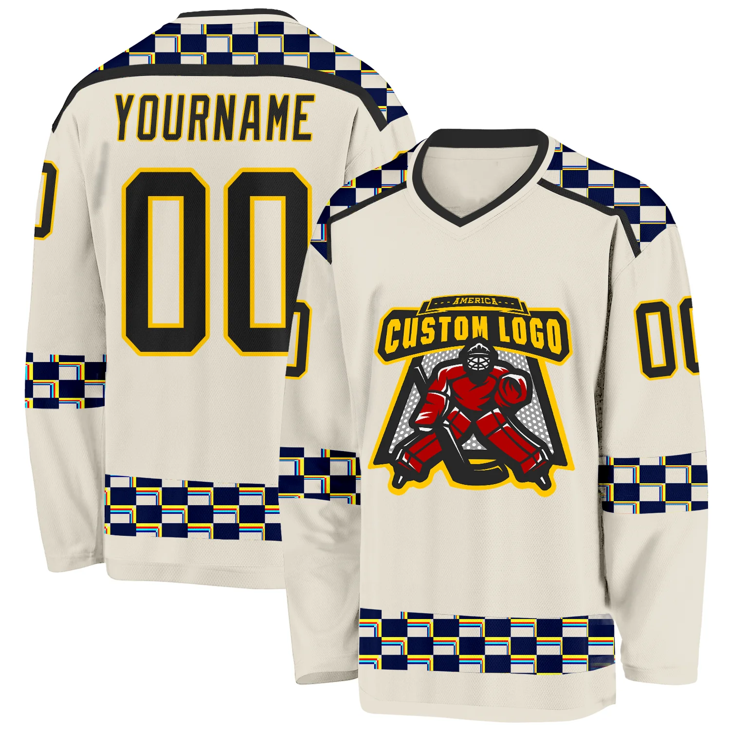 Custom Cream Black Yellow Red-Blue 3D Pattern Plaid Hockey Jersey
