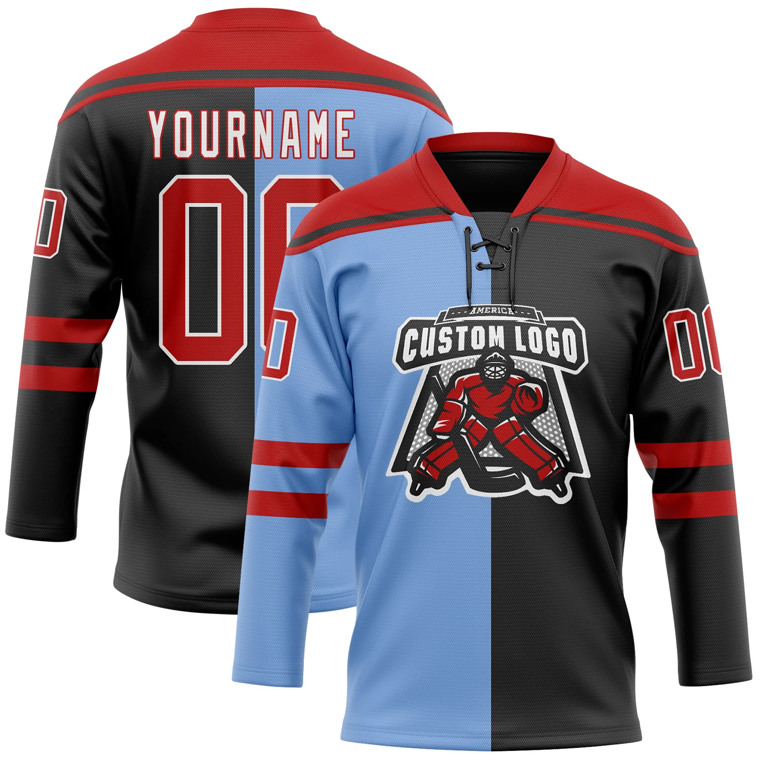Custom Black Red Powder Blue-White Split Fashion Hockey Lace Neck Jersey