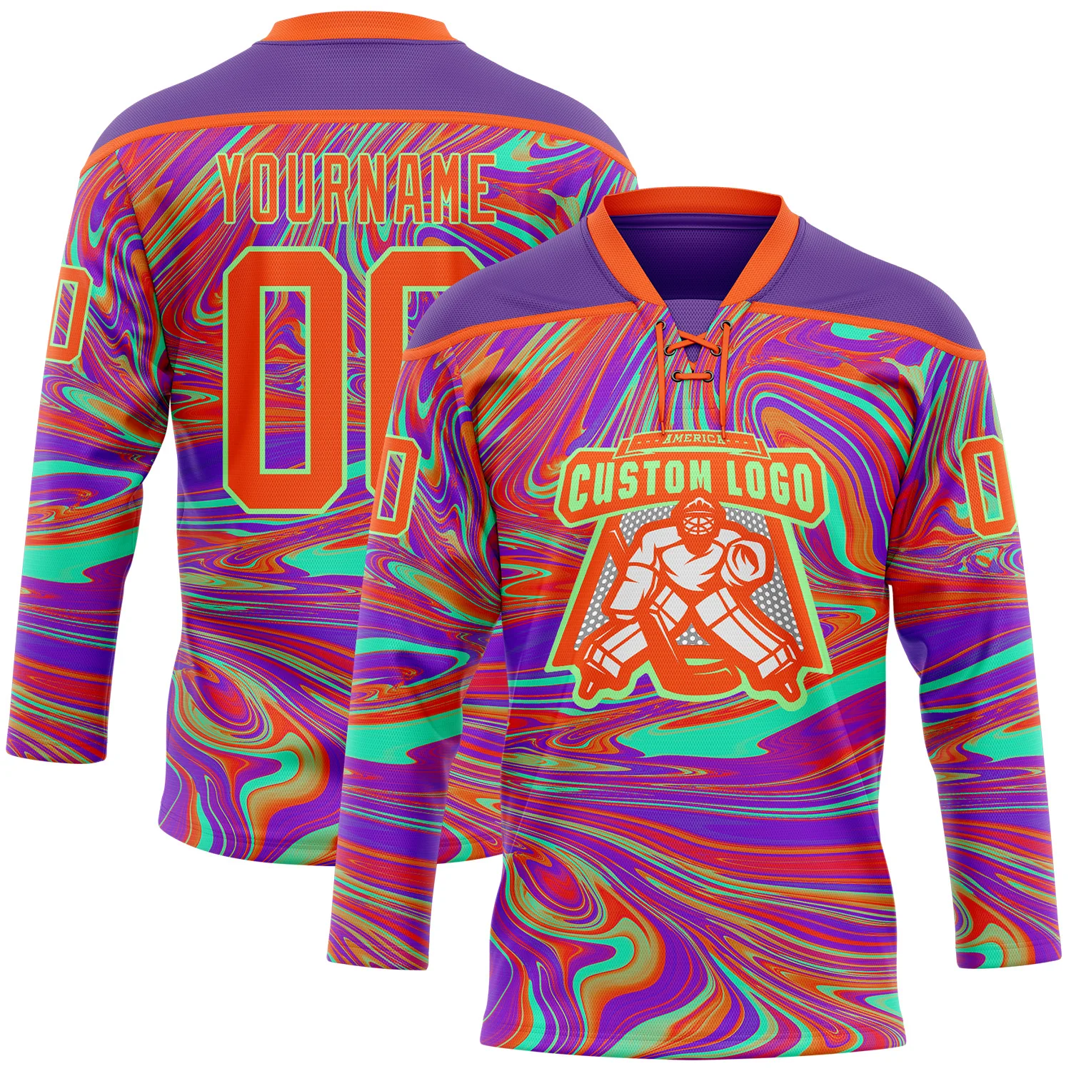 Custom Purple Orange-Pea Green 3D Pattern Trippy Psychedelic Fluid Hockey Lace Neck Jersey