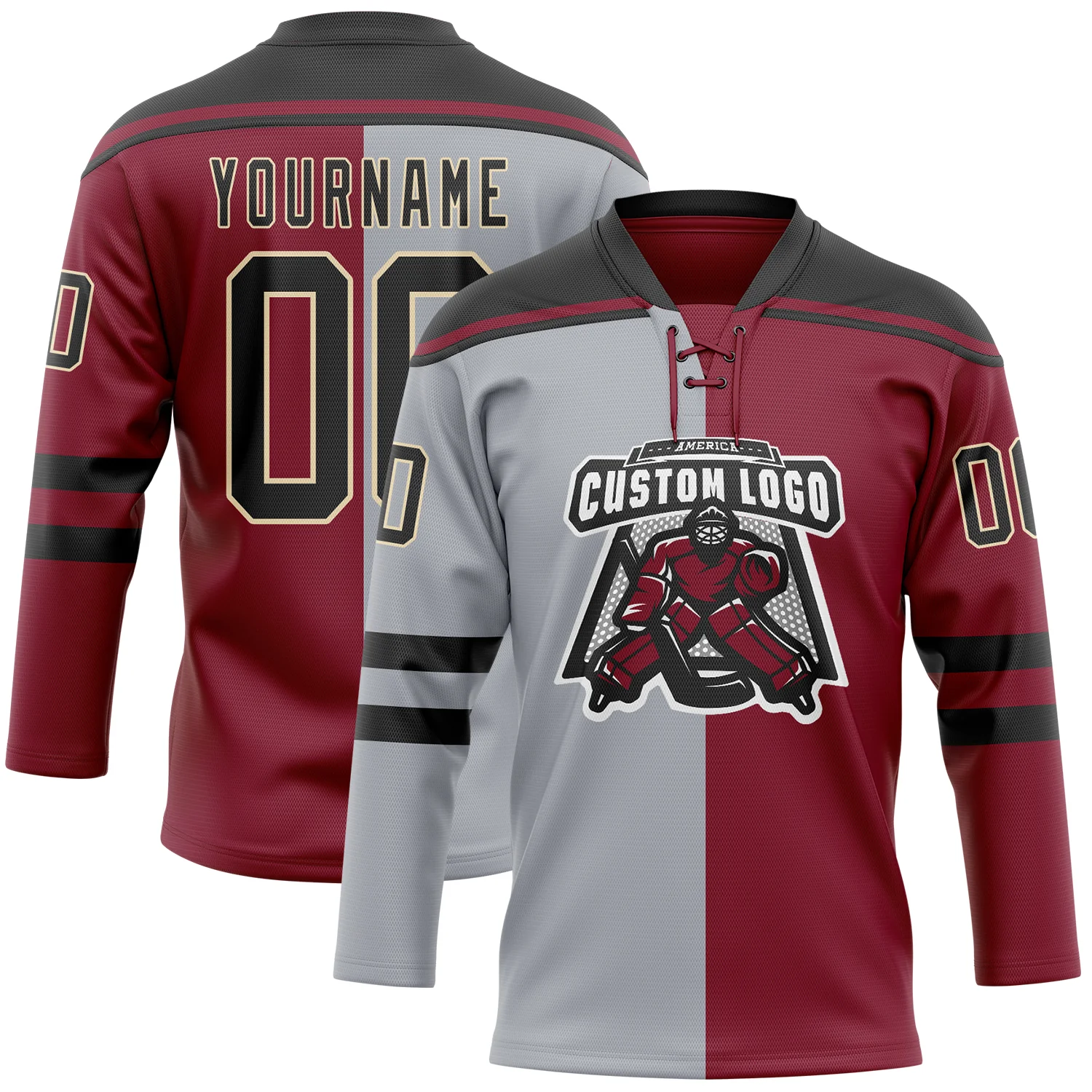 Custom Crimson Black Gray-Cream Split Fashion Hockey Lace Neck Jersey