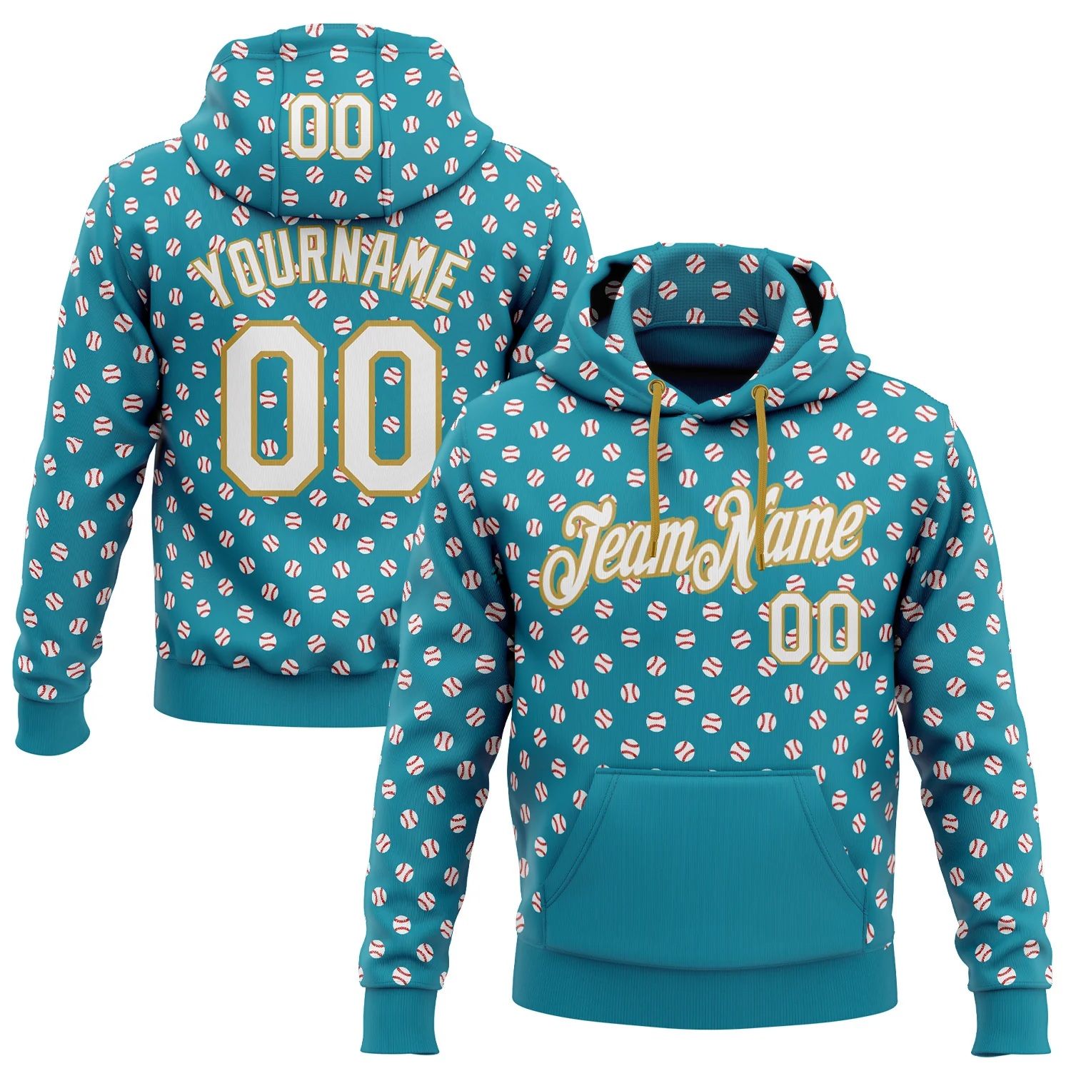 Custom Stitched Teal White-Old Gold 3D Pattern Design Baseball Game Day Jacksonville Inspired Sports Pullover Sweatshirt Hoodie