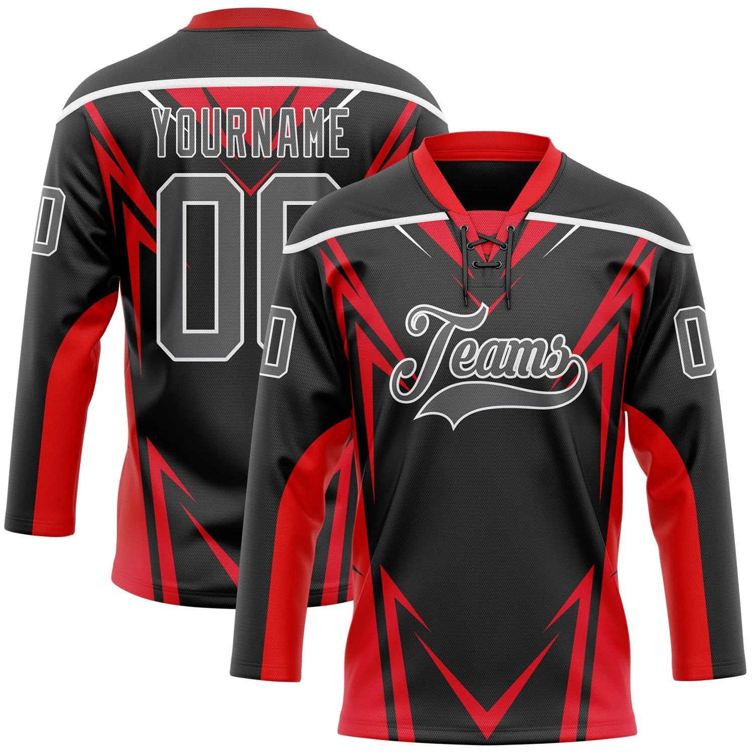 Custom Black Steel Gray Red-White 3D Abstract Pattern Graphic Cyber Mecha E-sport Hockey Lace Neck Jersey