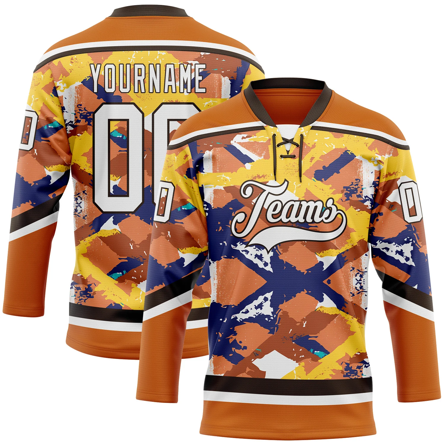 Custom Texas Orange White Yellow Blue-Brown 3D Pattern Tribal Indigenous Grunge Splash Hockey Lace Neck Jersey