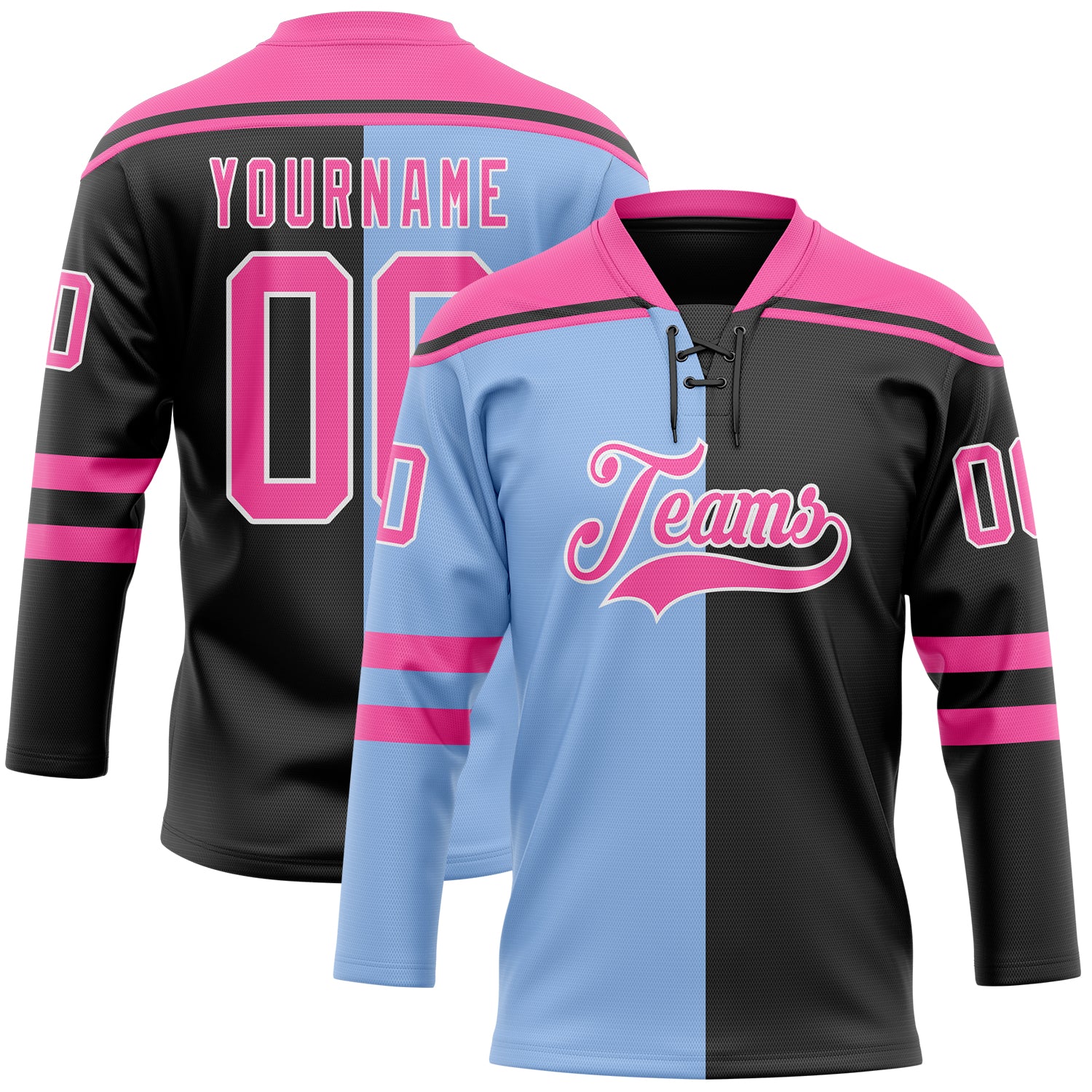 Custom Black Pink Light Blue-White Split Fashion Hockey Lace Neck Jersey