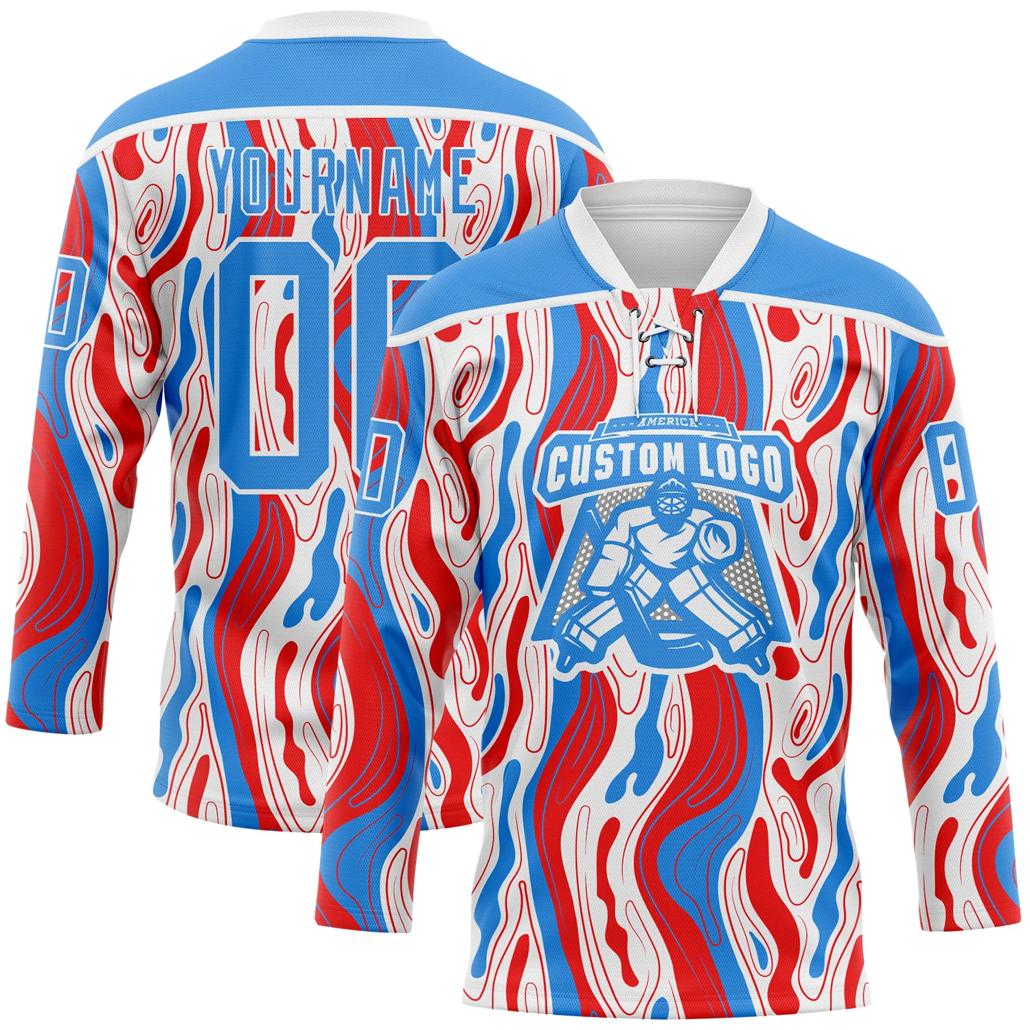 Custom White Powder Blue-Red American Flag Hockey Lace Neck Jersey