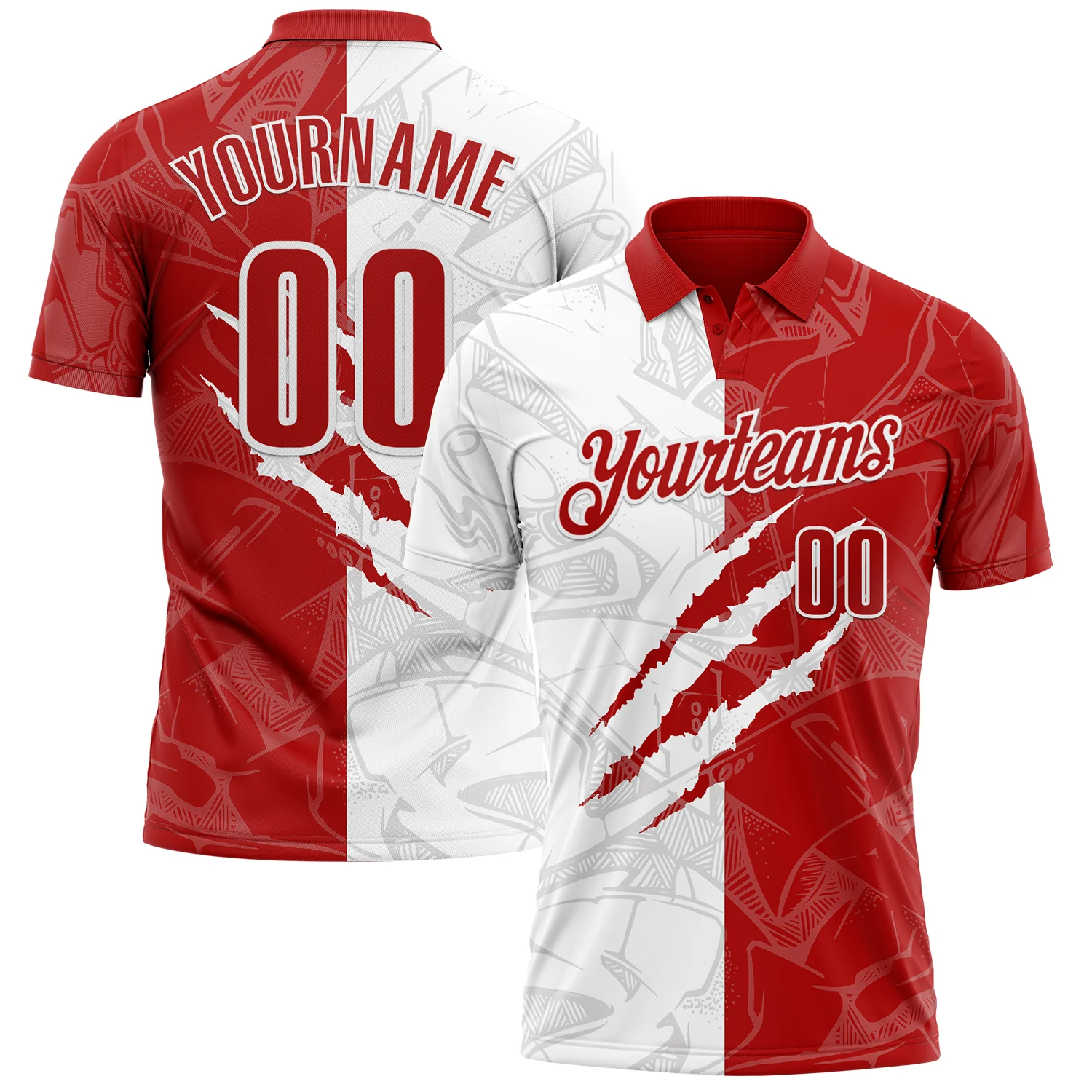 Custom Graffiti Pattern Red-White 3D Scratch Performance Polo Shirt