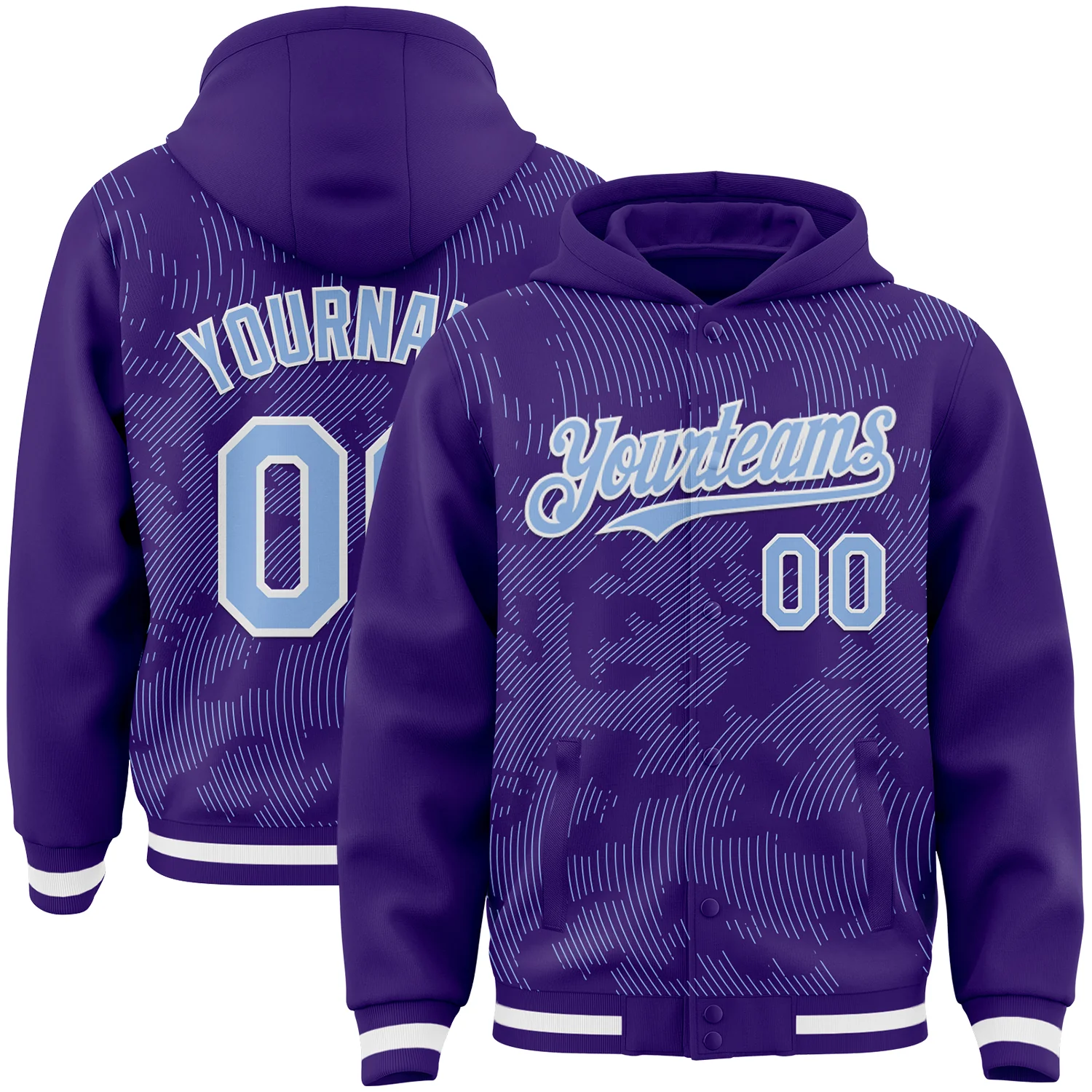 Custom Purple Light Blue-White Curve Lines 3D Pattern Design Bomber Full-Snap Varsity Letterman Hoodie Jacket