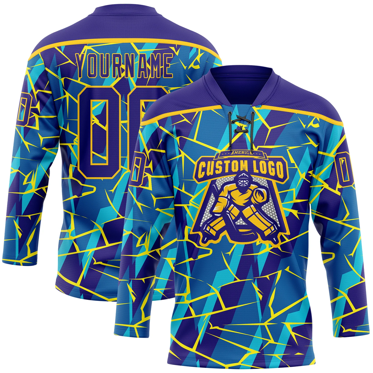 Custom Blue Dark Purple-Yellow 3D Pattern Lightning Hockey Lace Neck Jersey