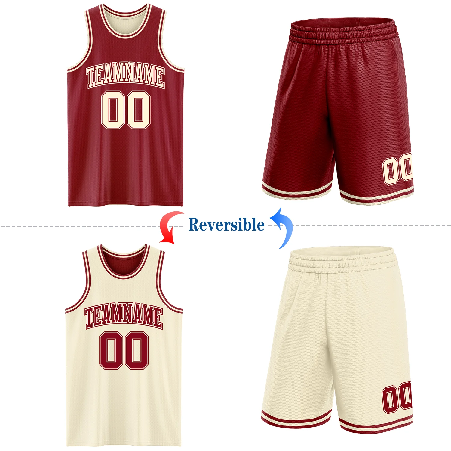 Custom Reversible Maroon Cream Double Side Sublimation Basketball Suit Jersey