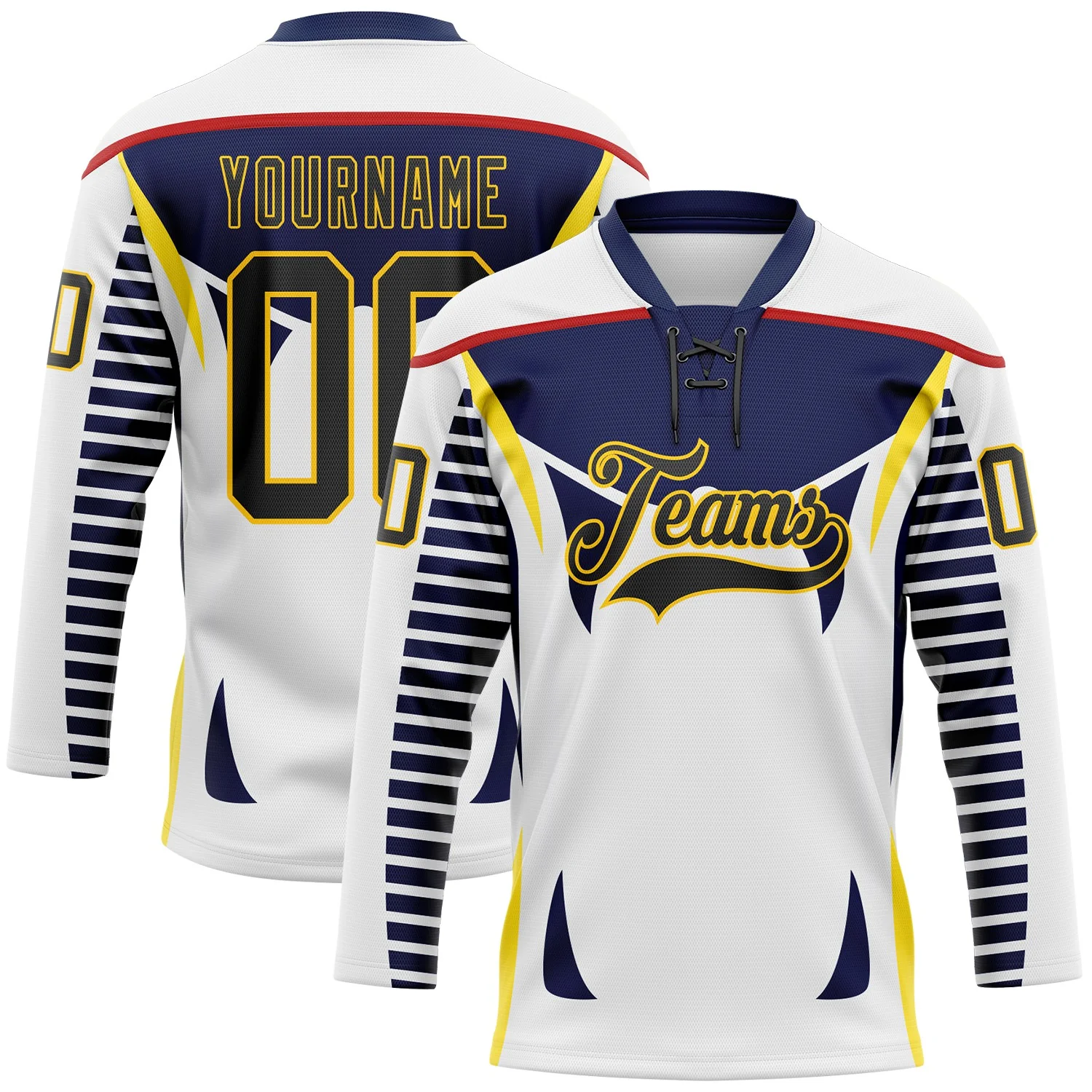 Custom White Black Navy Red-Yellow 3D Abstract Pattern Graphic Cyber Mecha E-sport Hockey Lace Neck Jersey