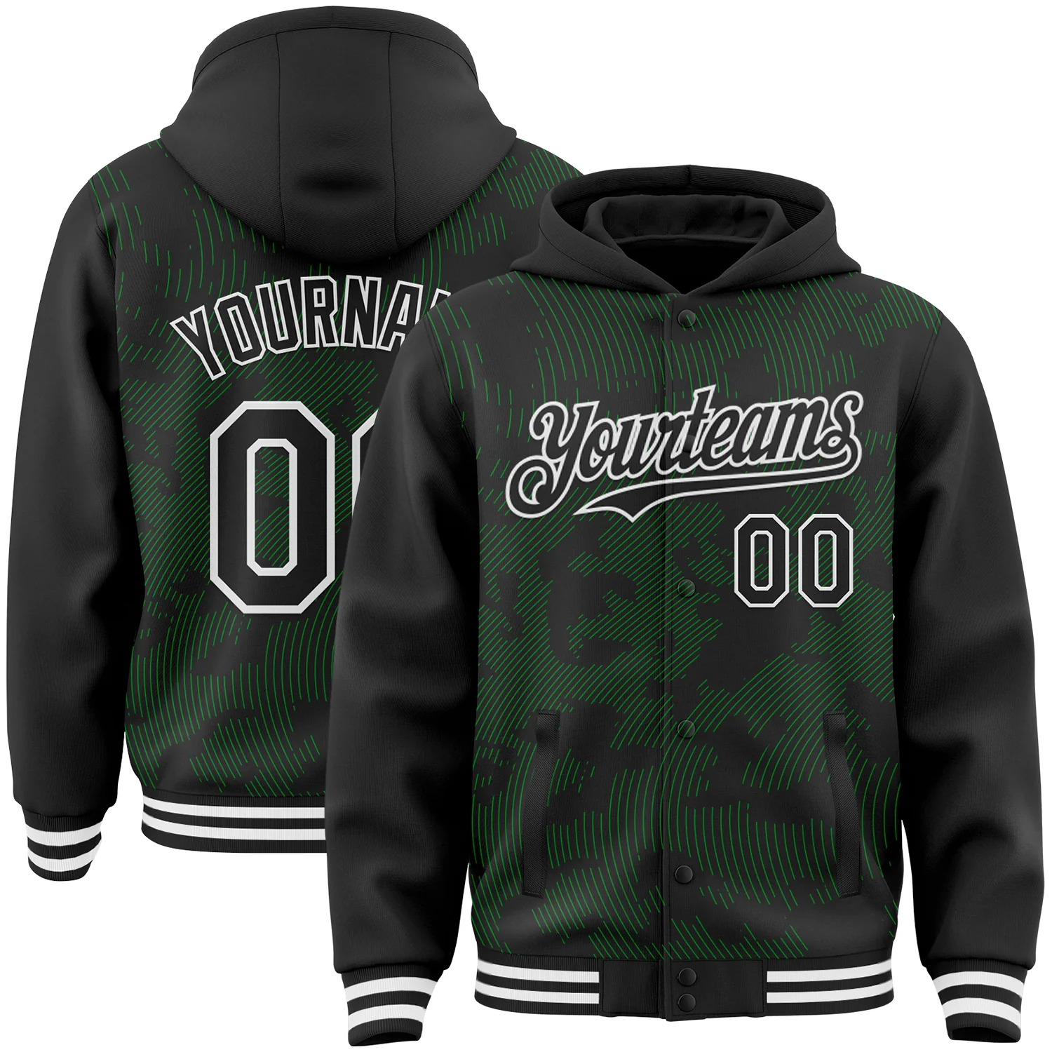 Custom Black Grass Green-White Curve Lines 3D Pattern Design Bomber Full-Snap Varsity Letterman Hoodie Jacket