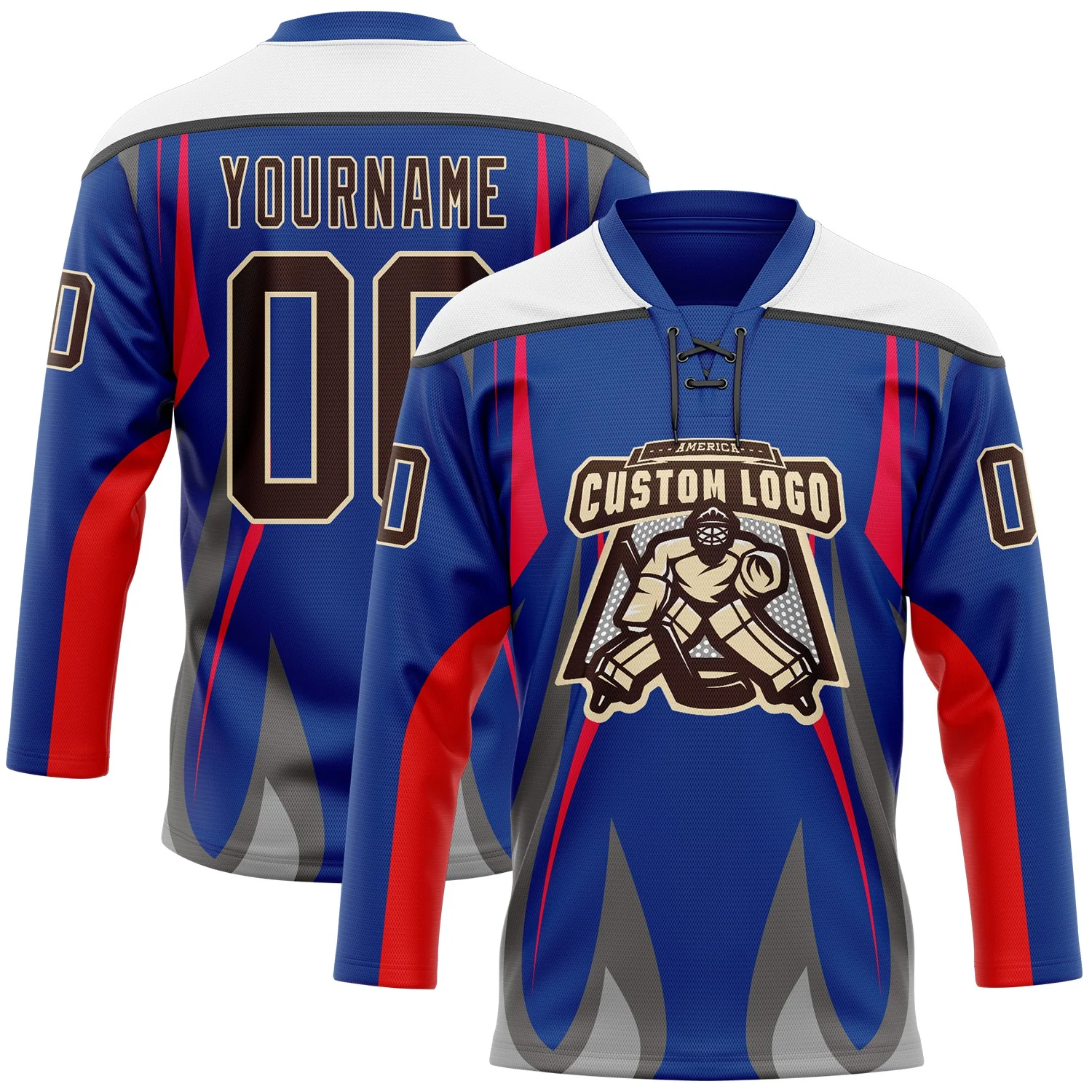 Custom Royal Brown Red Gray Black Cream-White 3D Abstract Pattern Graphic Cyber Mecha E-sport Hockey Lace Neck Jersey