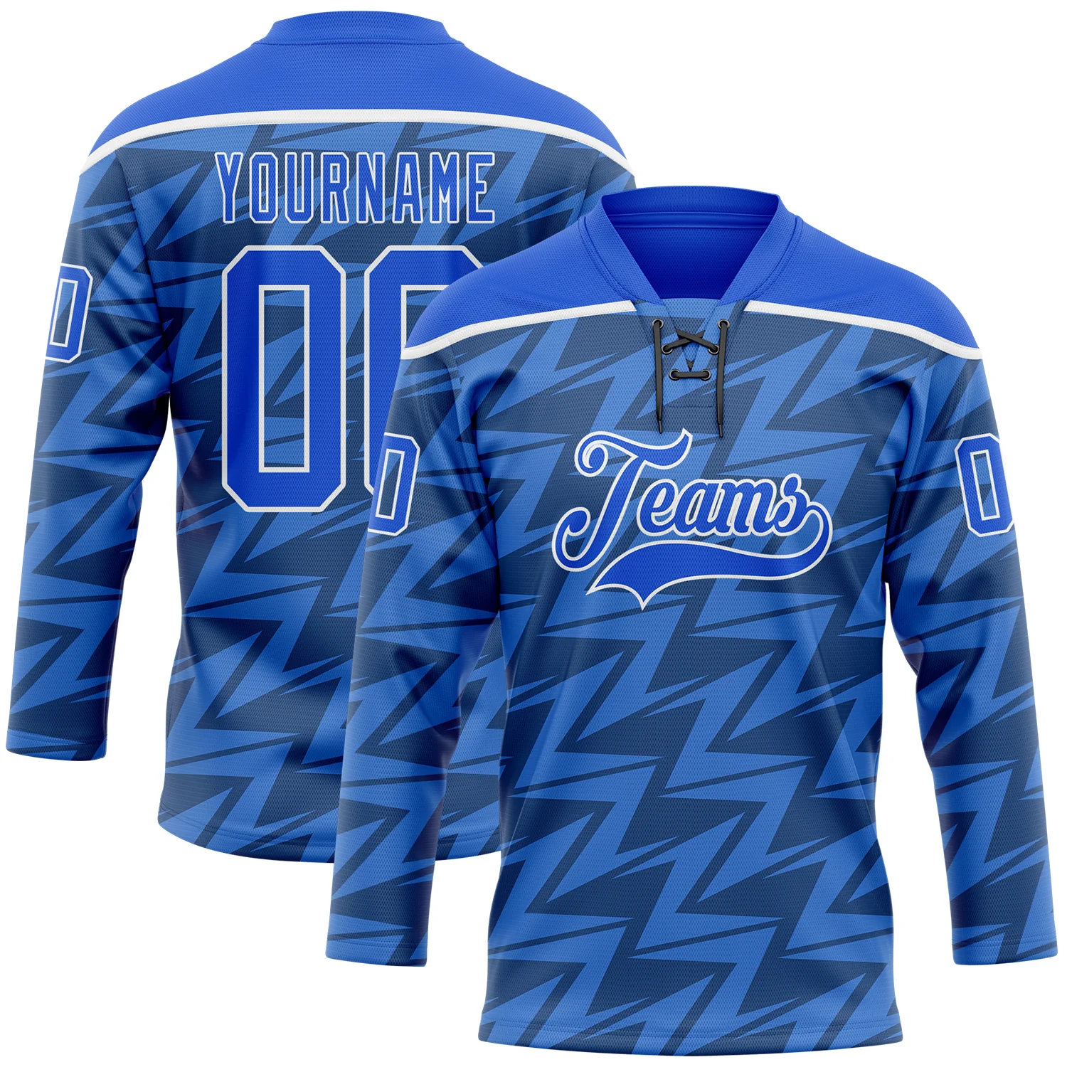 Custom Thunder Blue White 3D Pattern Lightning Hockey Lace Neck Jersey