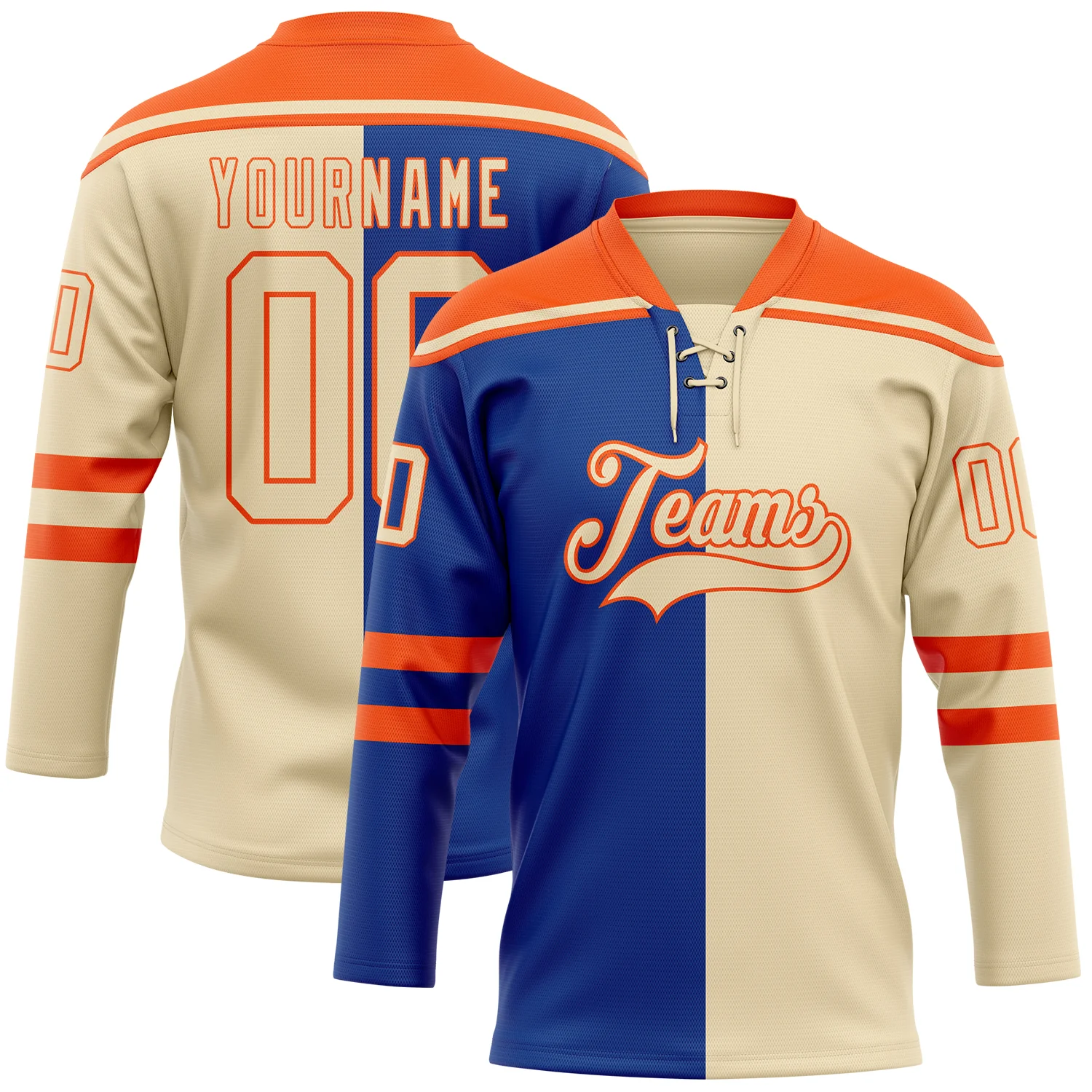 Custom Cream Royal-Orange Split Fashion Hockey Lace Neck Jersey