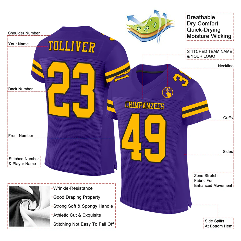 Custom Purple Gold-Black Mesh Authentic Football Jersey