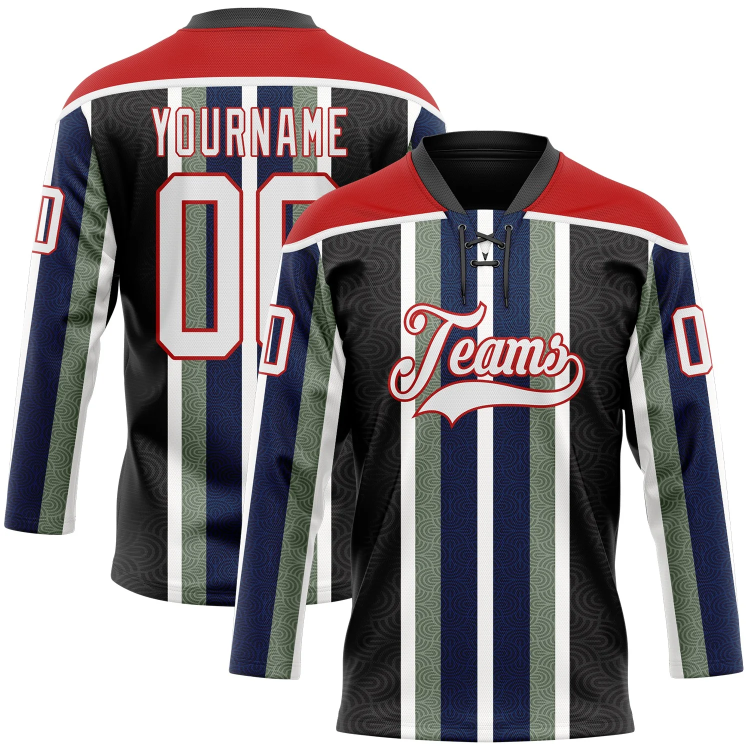 Custom Black White Green Navy-Red 3D Pattern Design Stripe Hockey Lace Neck Jersey