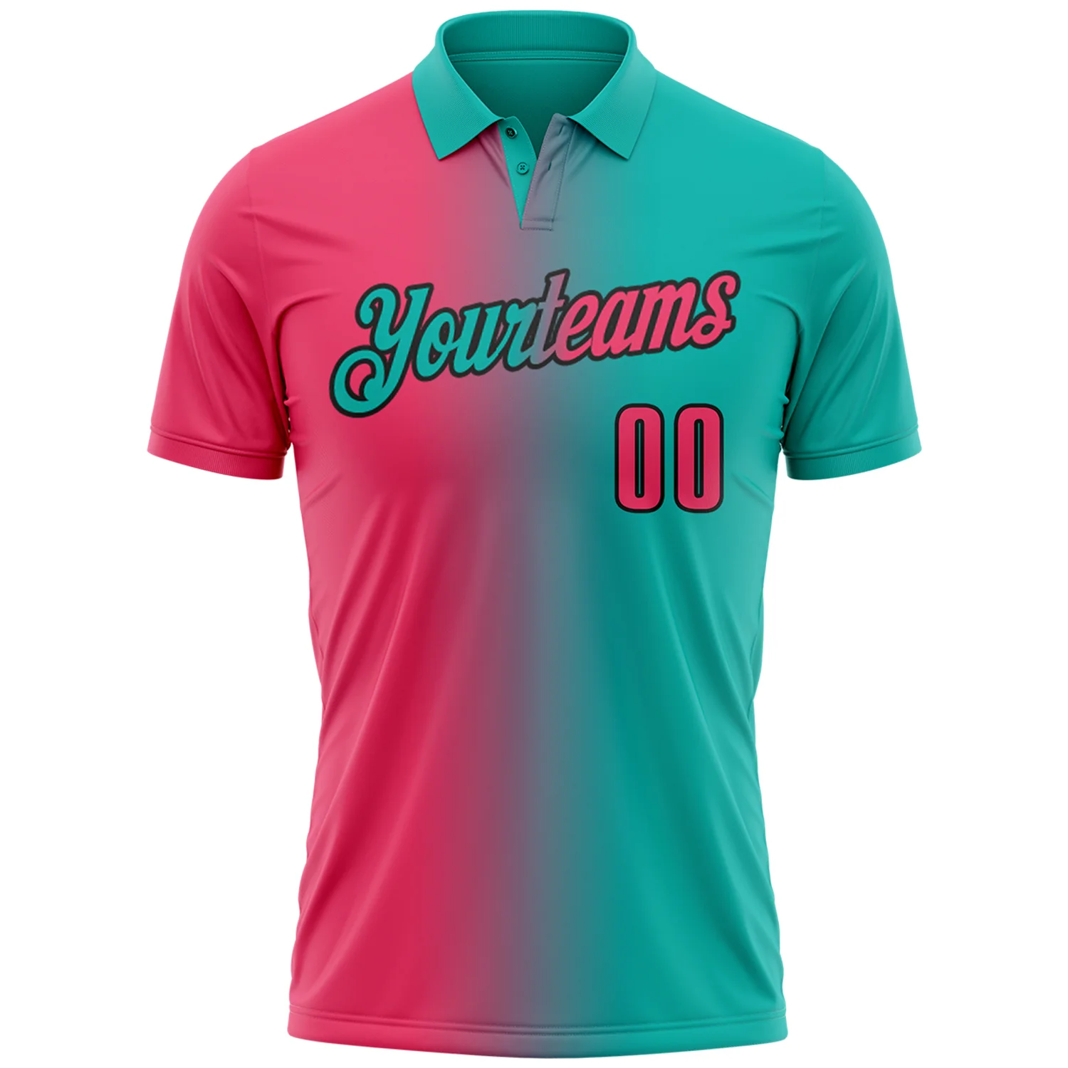 Custom Aqua Neon Pink-Black 3D Gradient Fashion Performance Polo Shirt