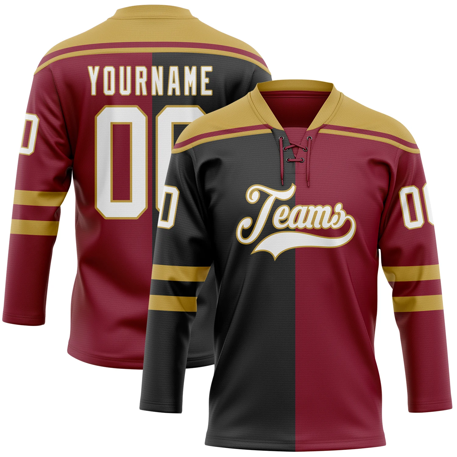 Custom Crimson White Black-Old Gold Split Fashion Hockey Lace Neck Jersey