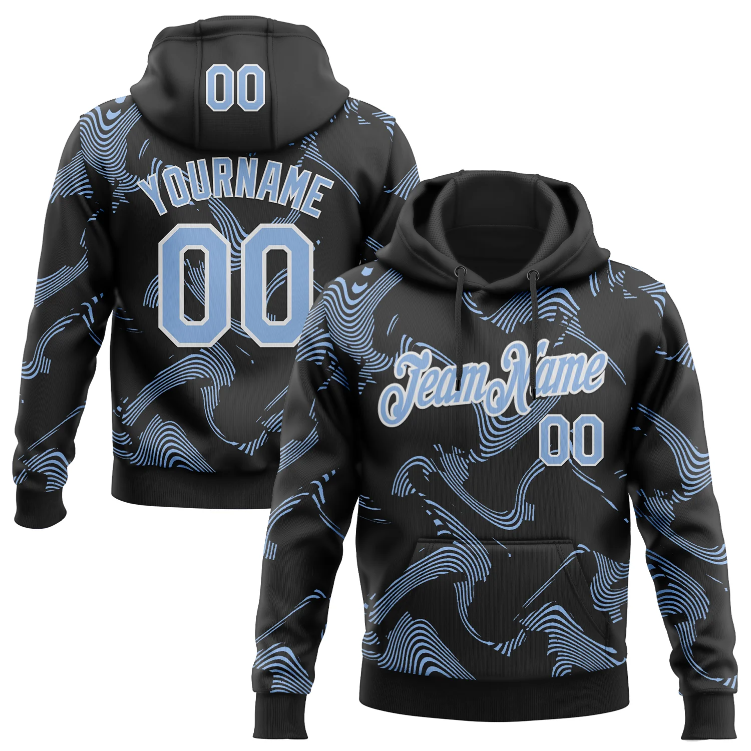 Custom Stitched Black Light Blue-White 3D Pattern Design Curve Lines Sports Pullover Sweatshirt Hoodie