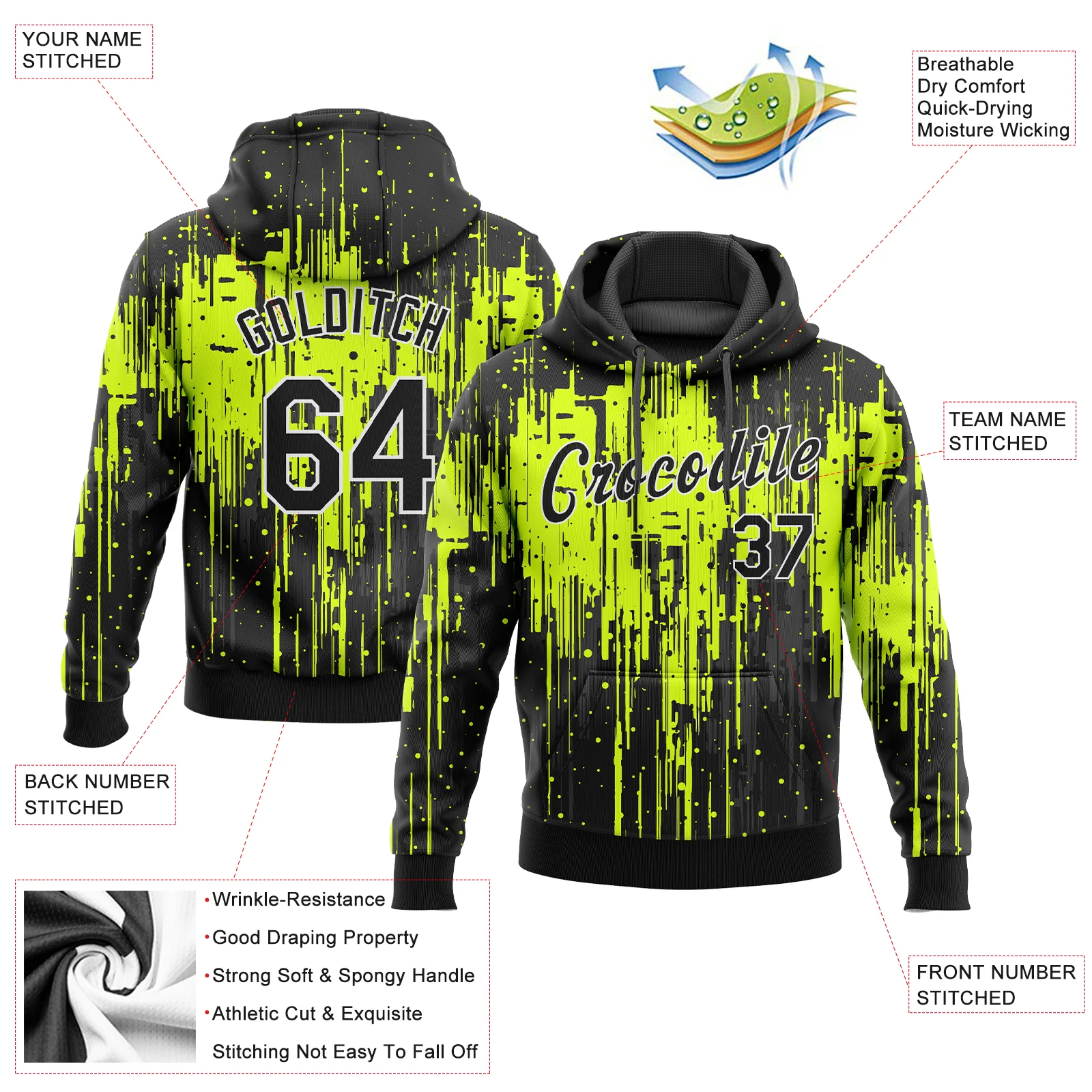 Custom Stitched Neon Green Black-White 3D Pattern Design Dripping Splatter Art Sports Pullover Sweatshirt Hoodie