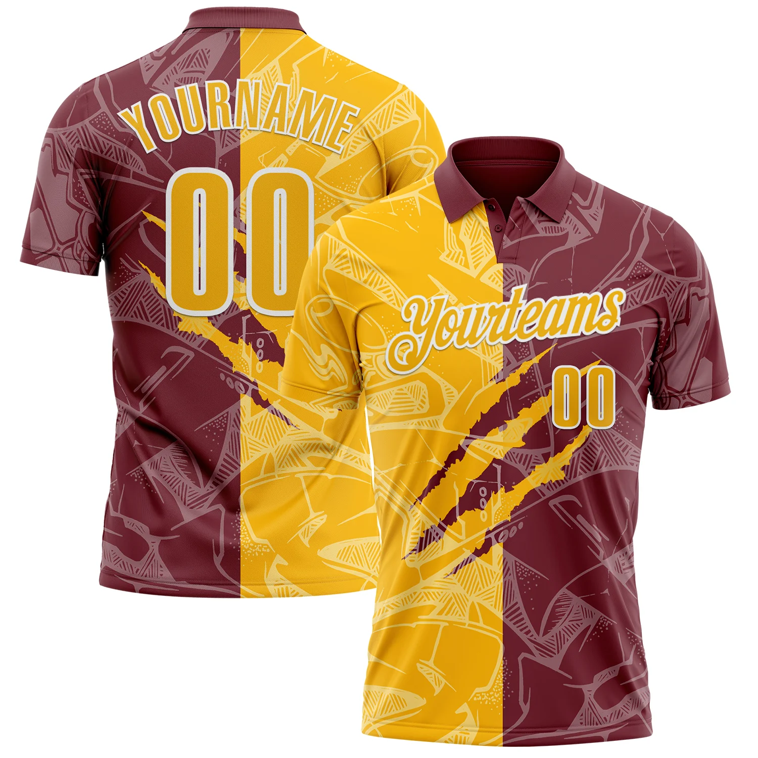 Custom Graffiti Pattern Gold Burgundy-White 3D Scratch Performance Polo Shirt
