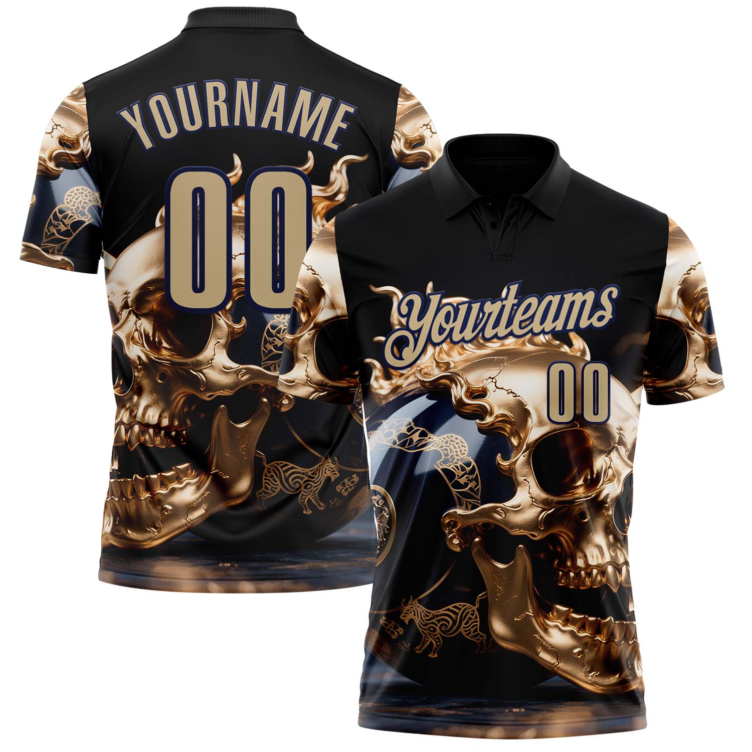 Custom Navy Vegas Gold 3D Metal Skull Bowling Performance Polo Shirt