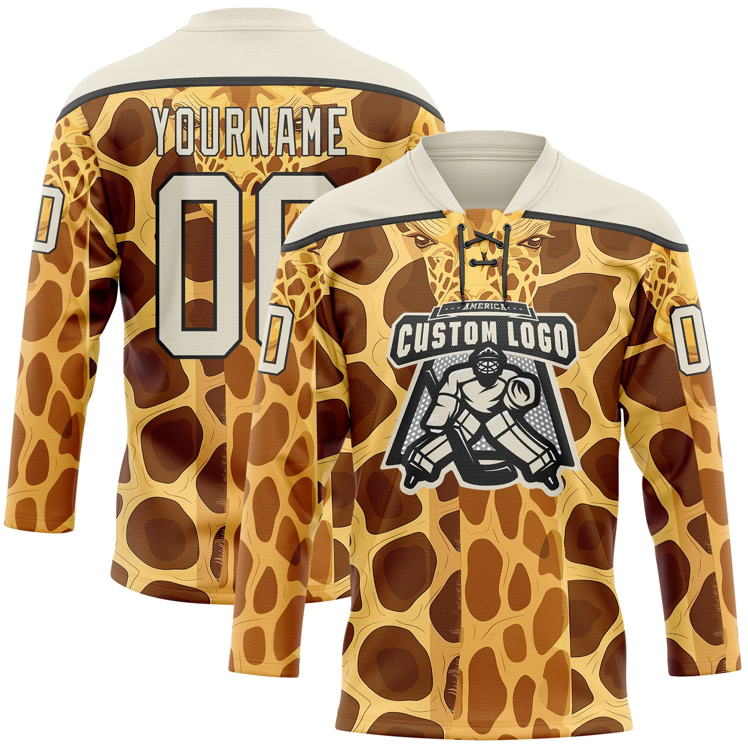 Custom Yellow Cream Brown-Black 3D Pattern Giraffe Print Hockey Lace Neck Jersey