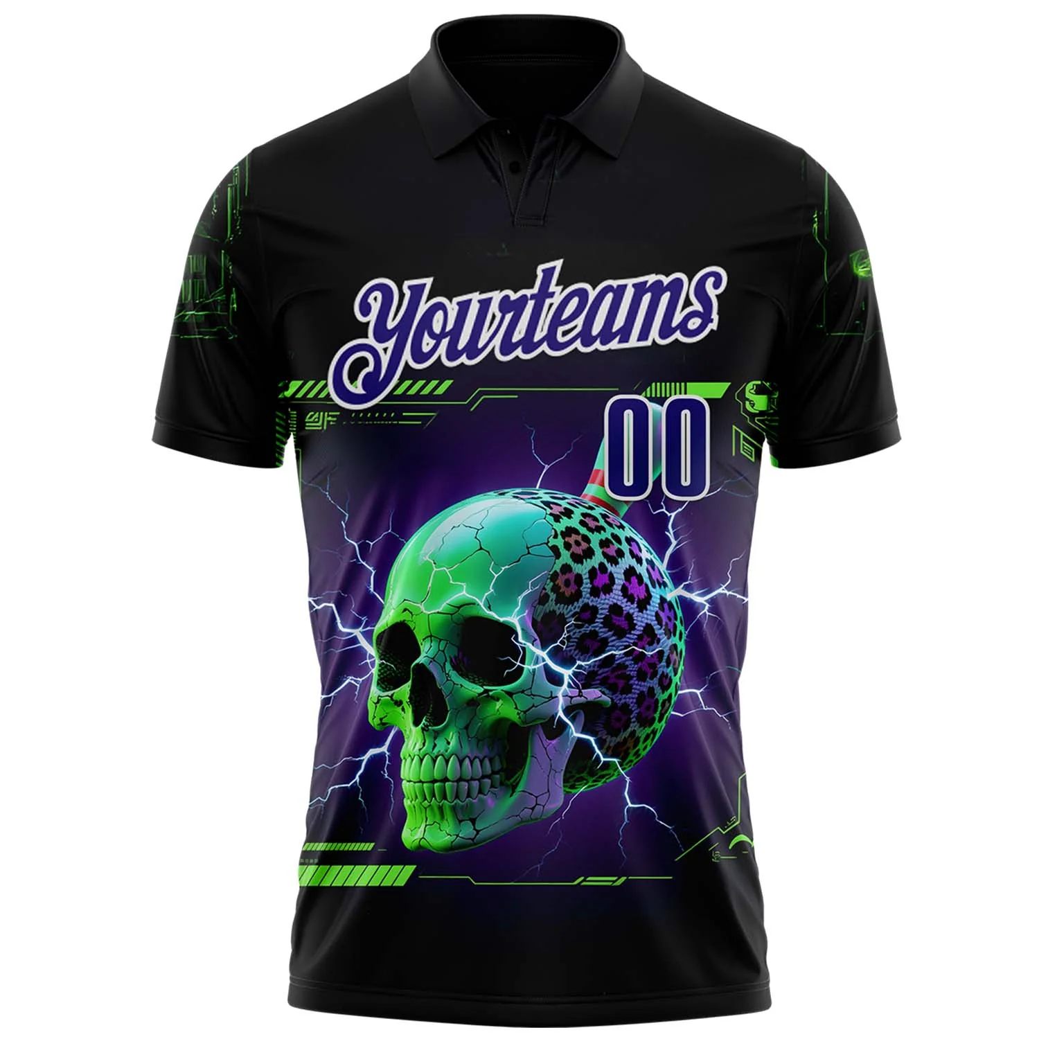 Custom Black Dark Purple-White 3D Lightning Leopard Print Skull Bowling Performance Polo Shirt