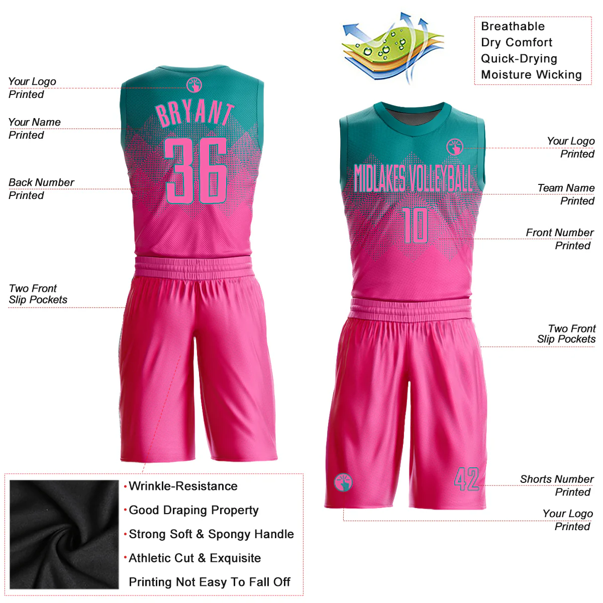 Custom Teal Pink Round Neck Sublimation Basketball Suit Jersey