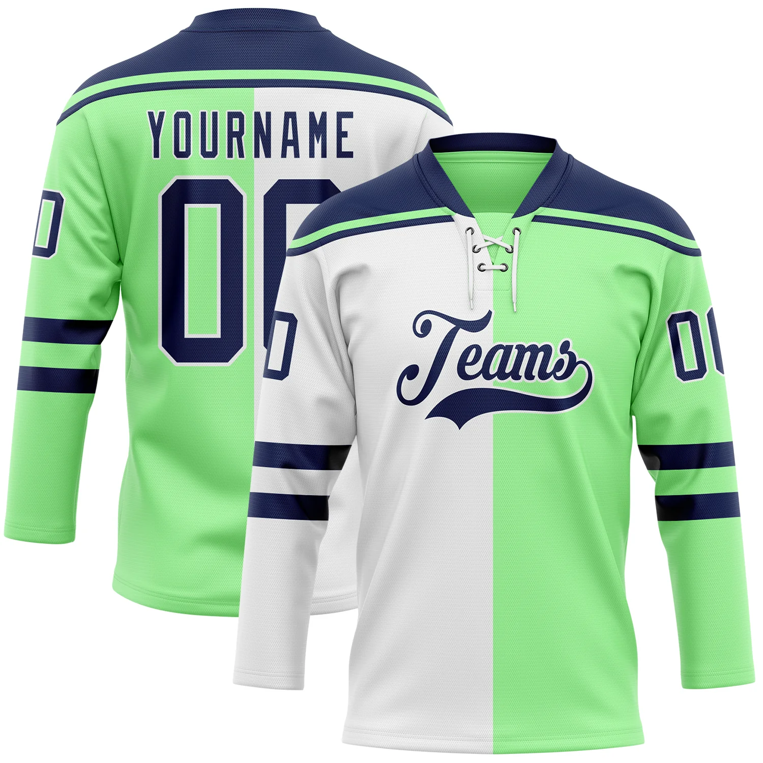 Custom Pea Green Navy-White Split Fashion Hockey Lace Neck Jersey