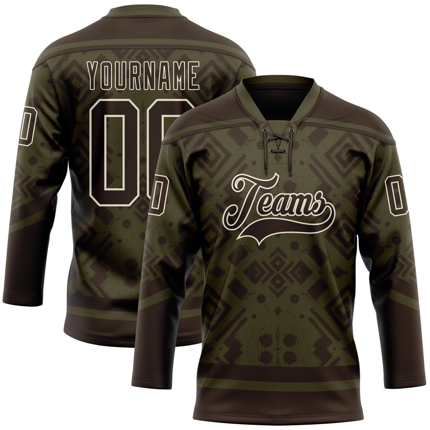 Custom Olive Brown-Cream 3D Pattern Tribal Indigenous Grunge Geometric Splash Hockey Lace Neck Jersey