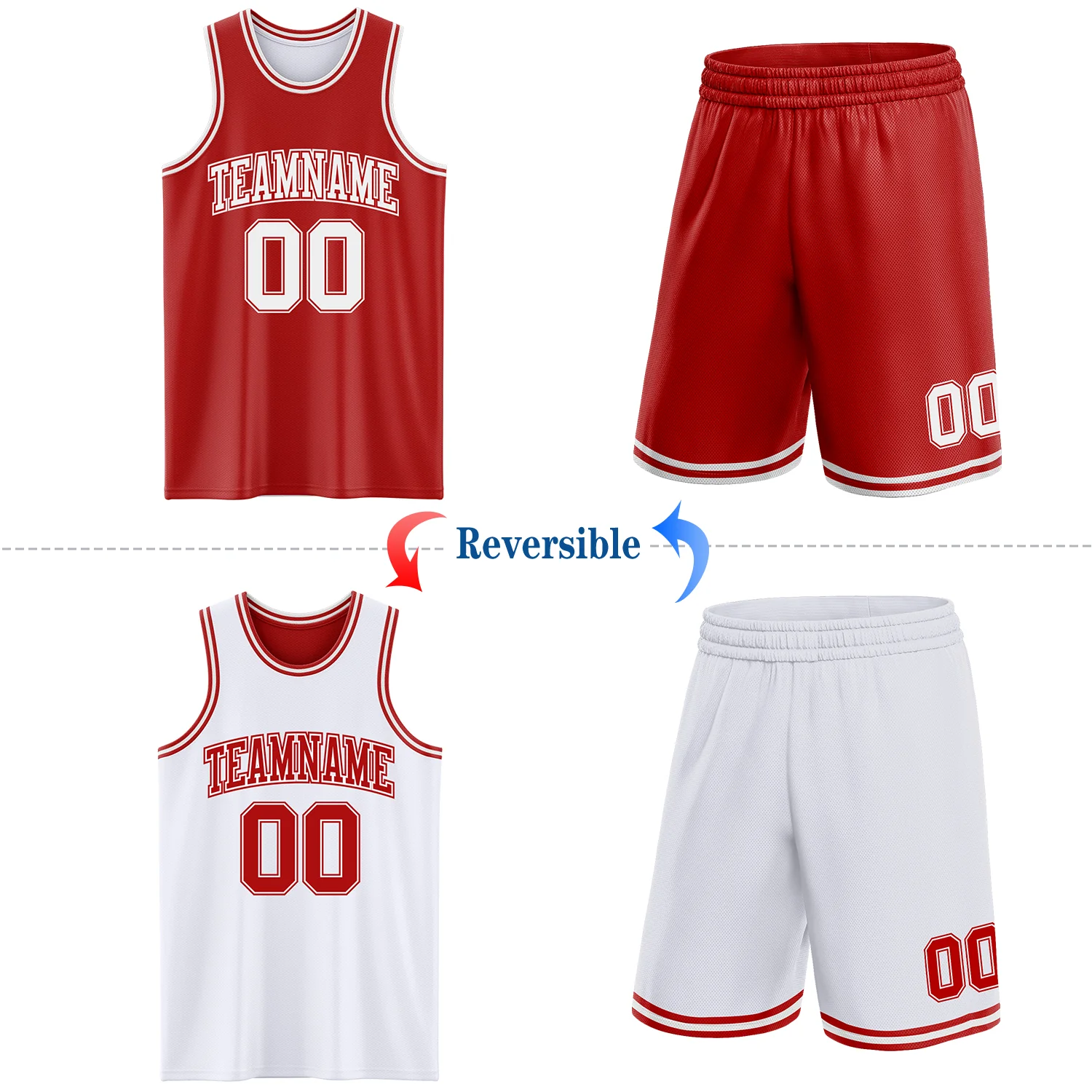 Custom Red White Reversible Double Side Sublimation Basketball Suit Jersey