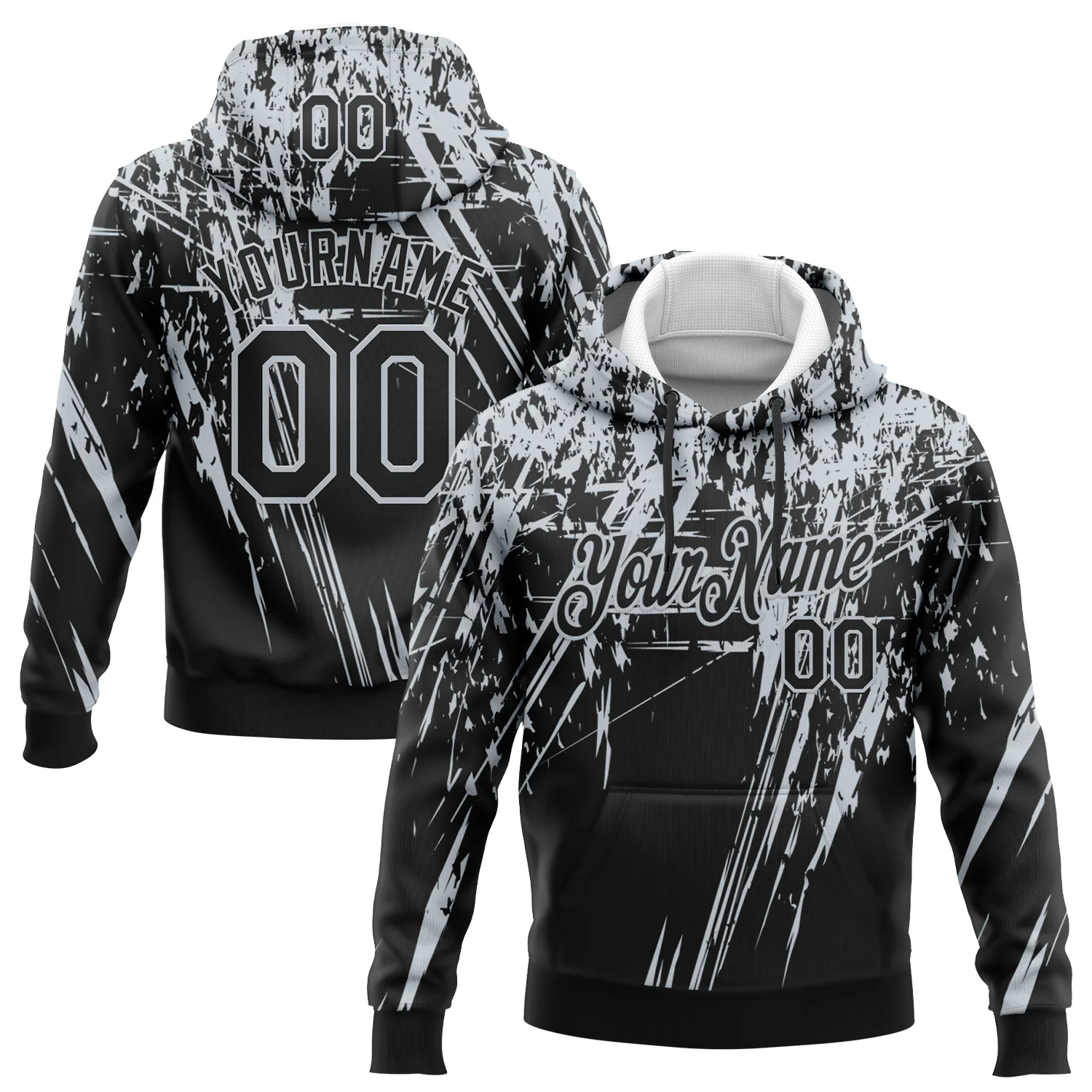 Custom Stitched Black Silver 3D Pattern Design Splash Grunge Art Sports Pullover Sweatshirt Hoodie