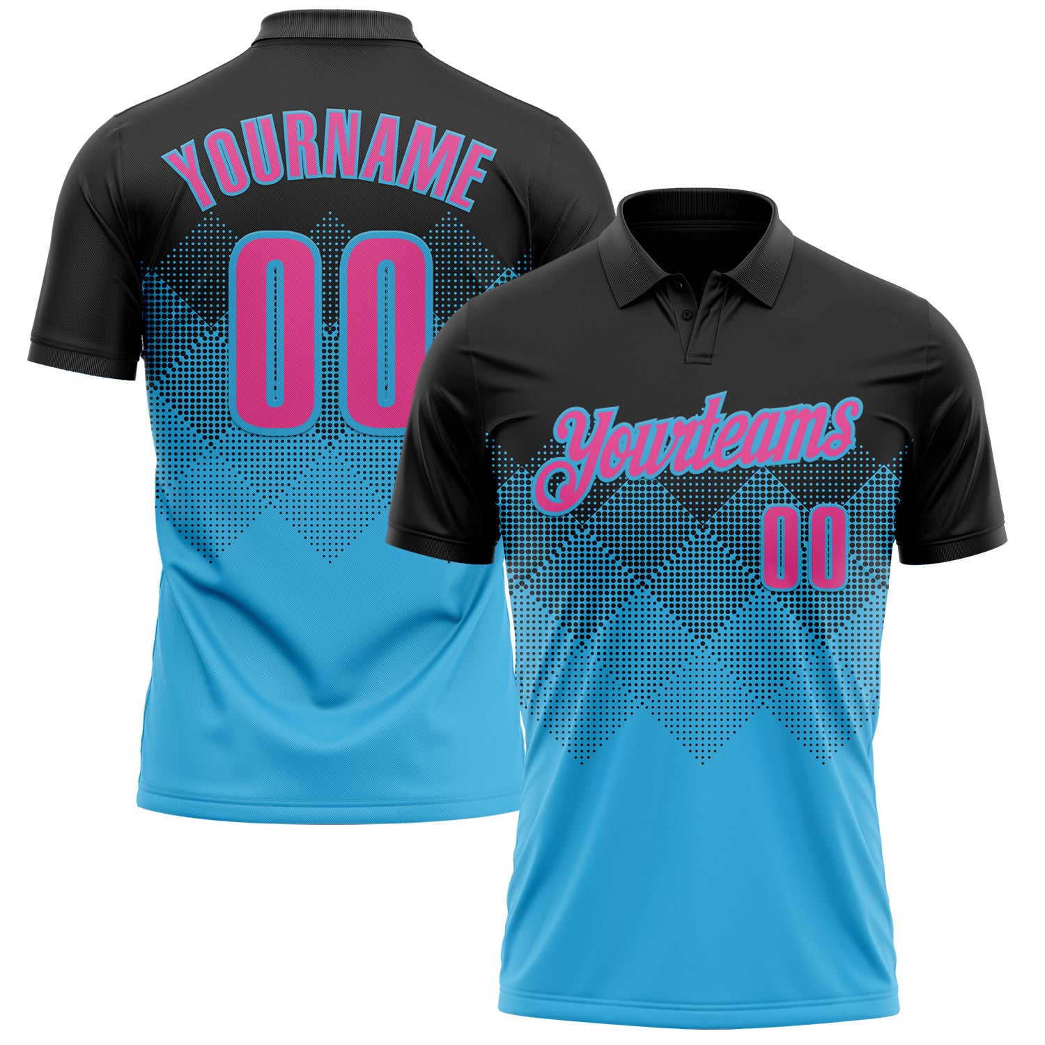 Custom Black Pink-Sky Blue 3D Gradient Square Shape Performance Polo Shirt