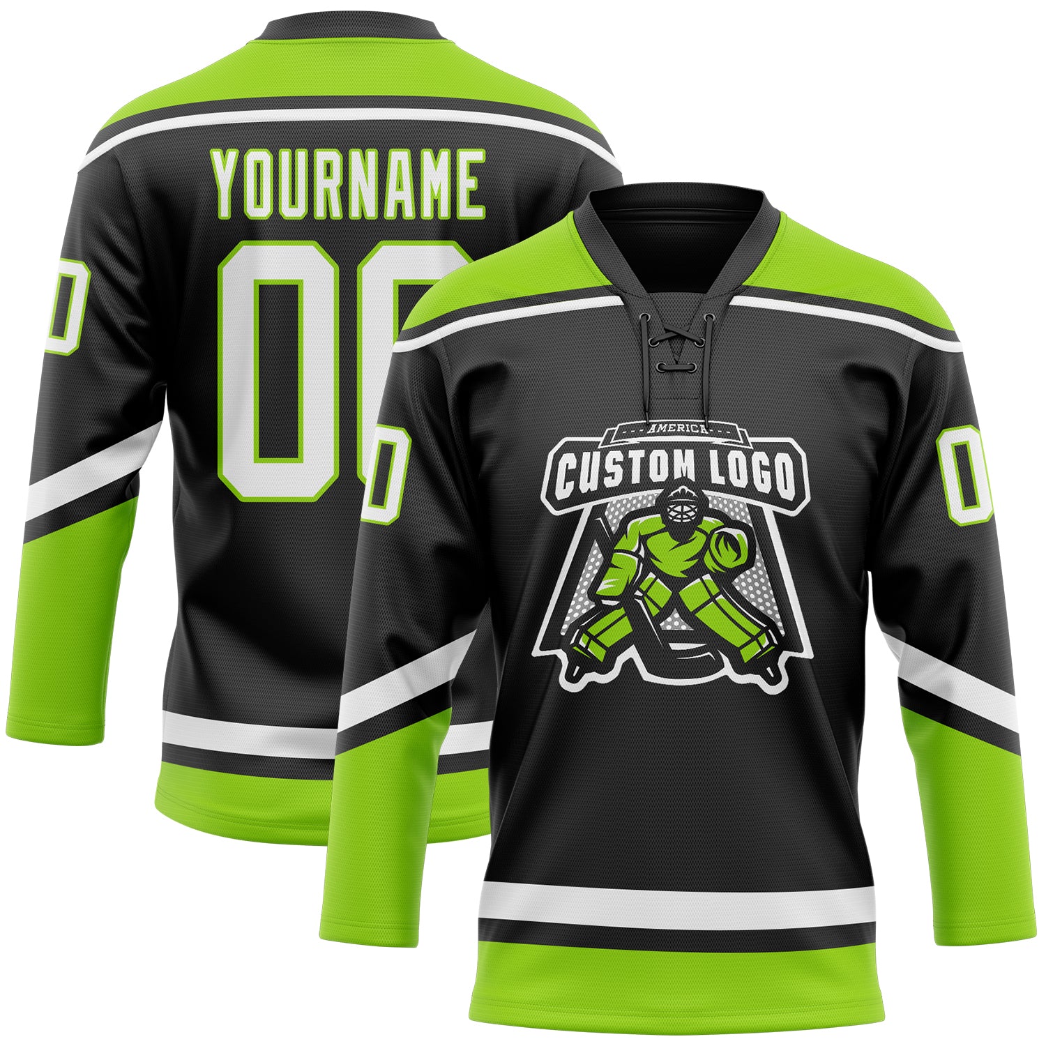Custom Black White-Neon Green Hockey Lace Neck Jersey
