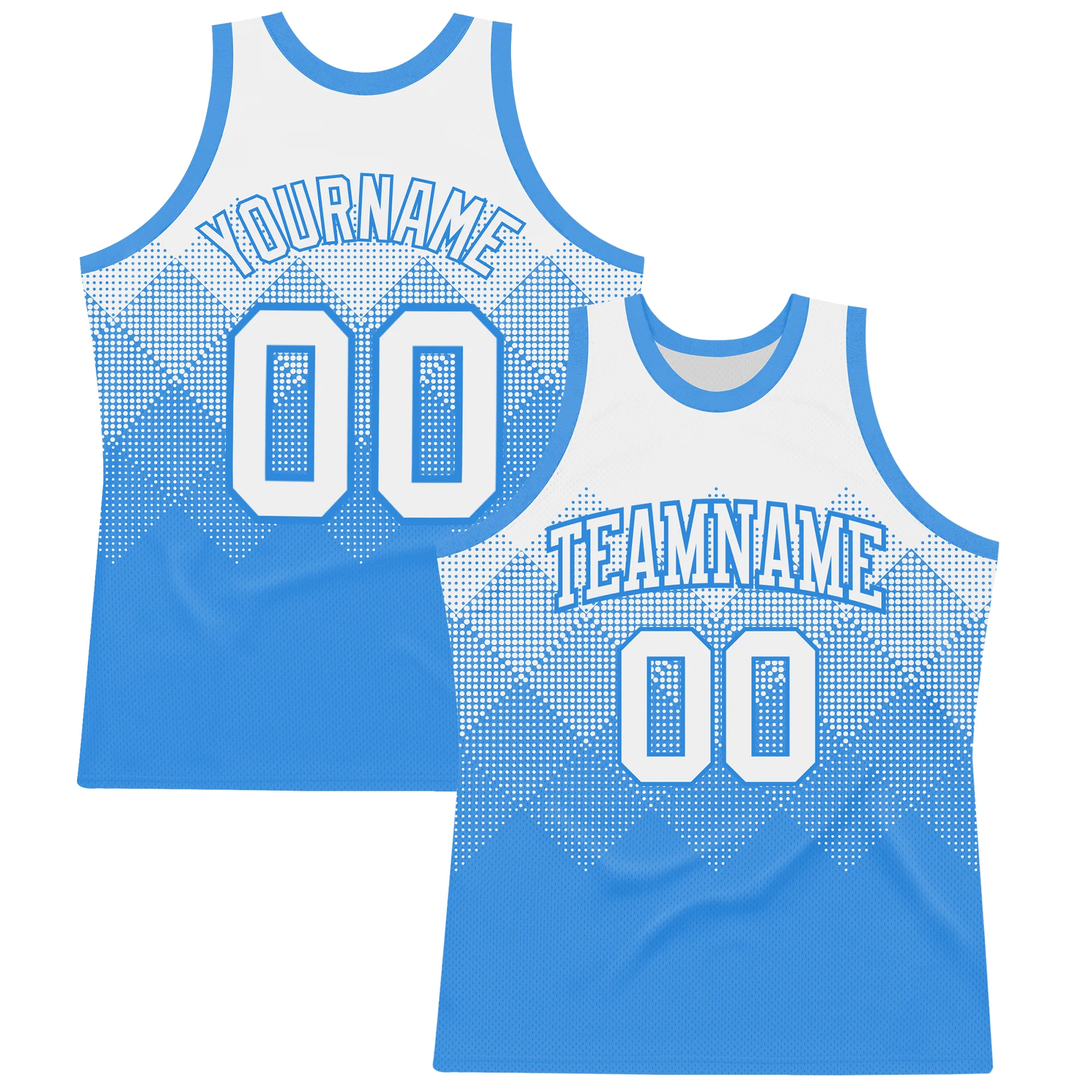 Custom White Powder Blue Gradient Square Shapes Round Neck Sublimation Basketball Suit Jersey