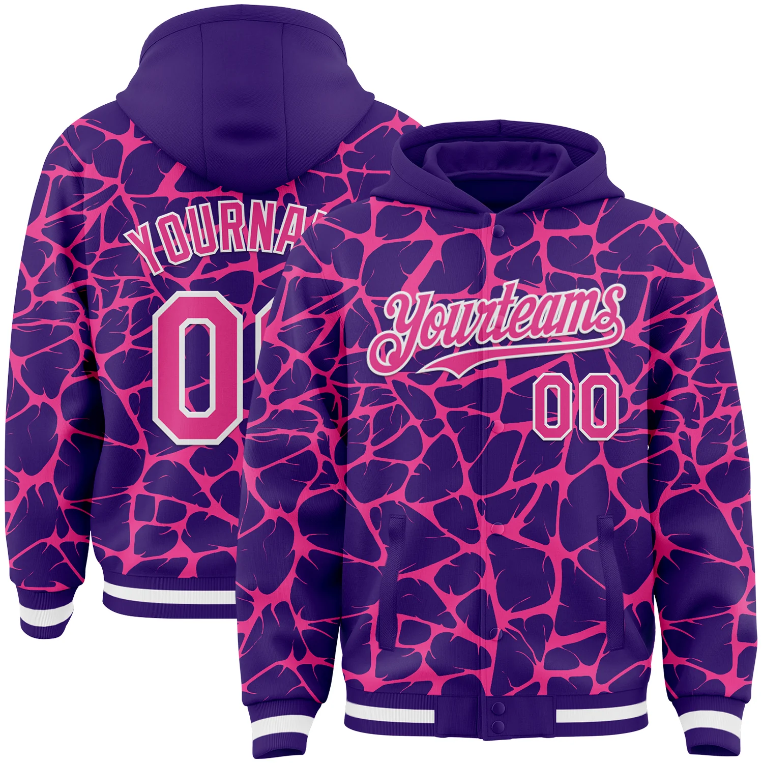 Custom Purple Pink-White Abstract Network 3D Pattern Design Bomber Full-Snap Varsity Letterman Hoodie Jacket
