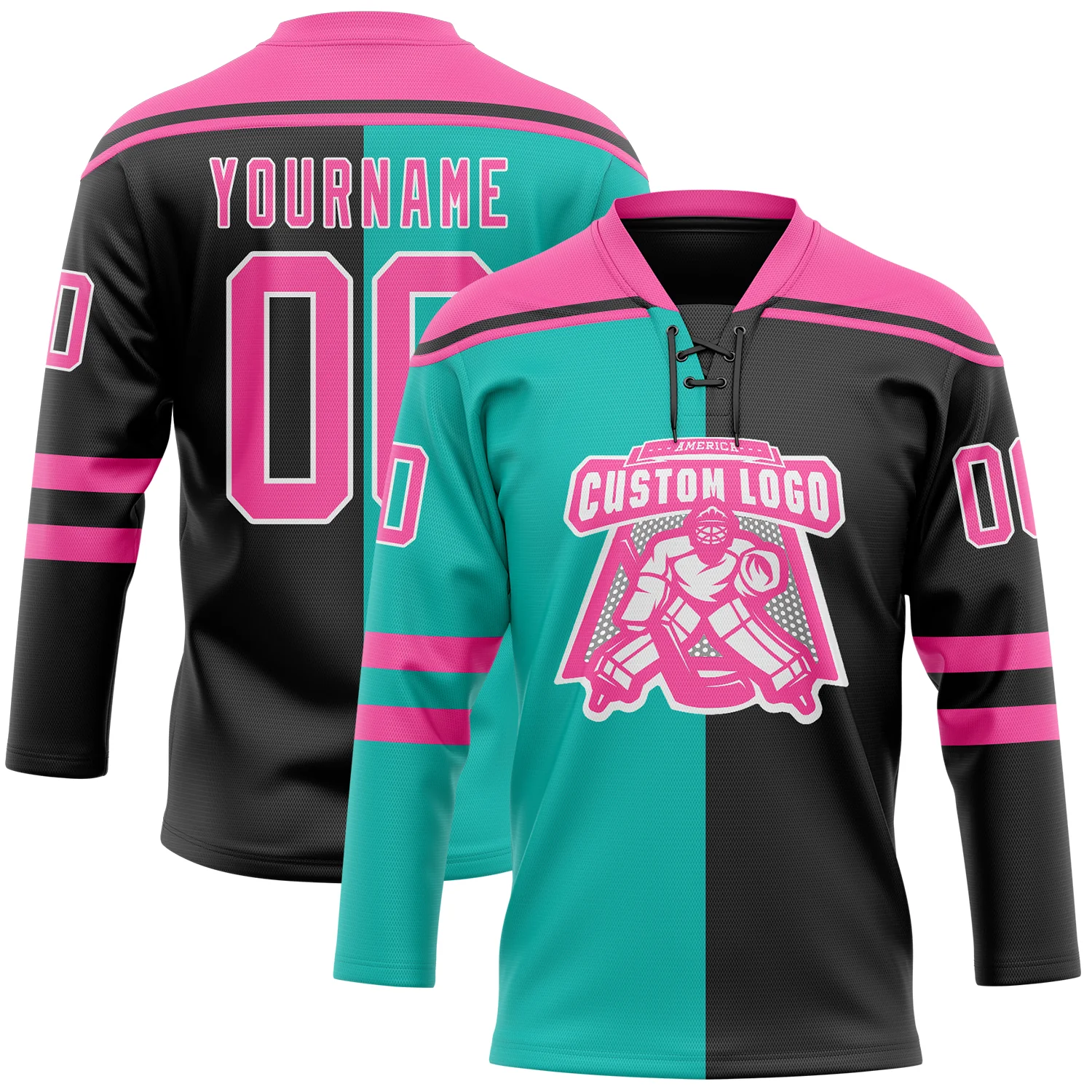 Custom Black Pink Aqua-White Split Fashion Hockey Lace Neck Jersey