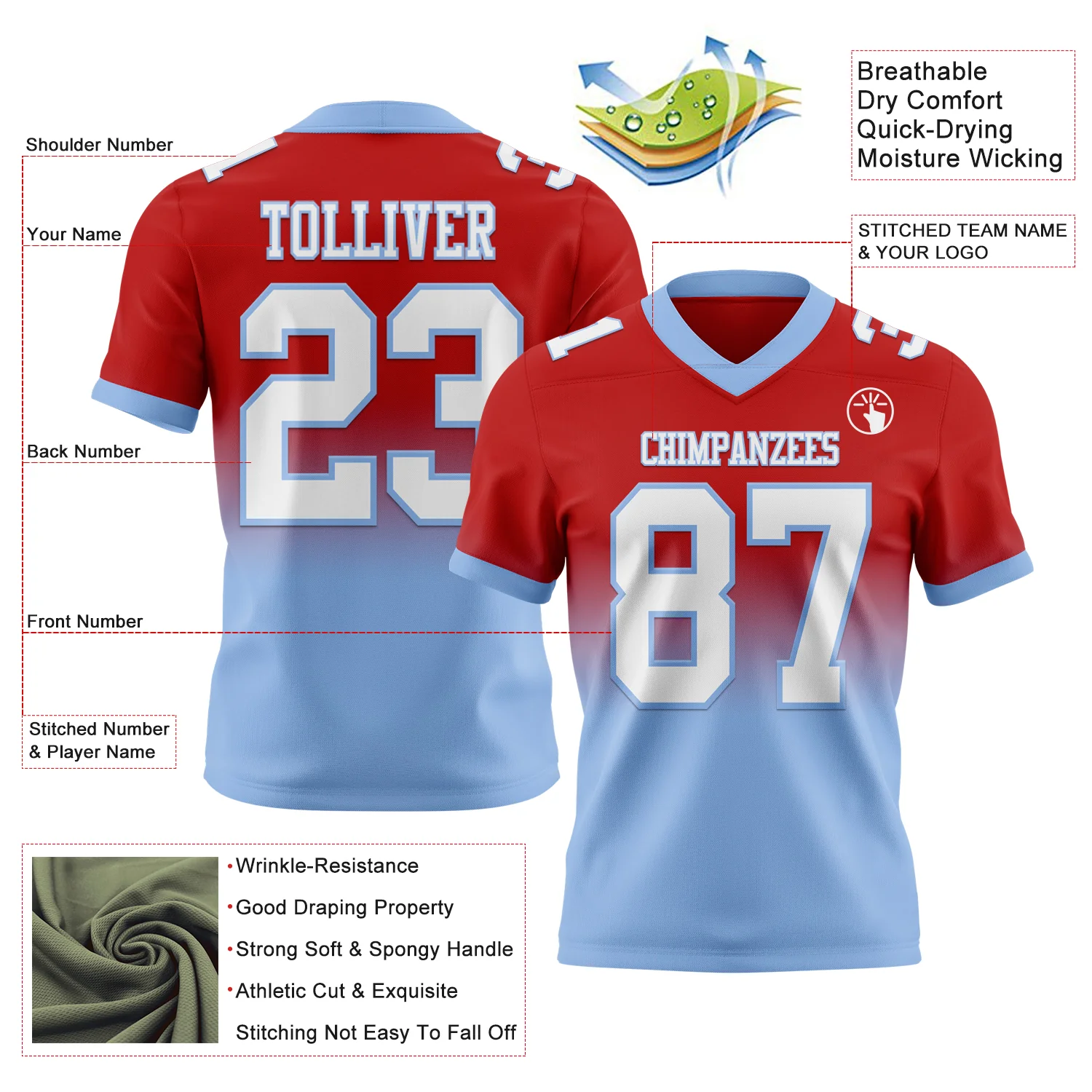 Custom Red White-Light Blue Authentic Fade Fashion Football Jersey