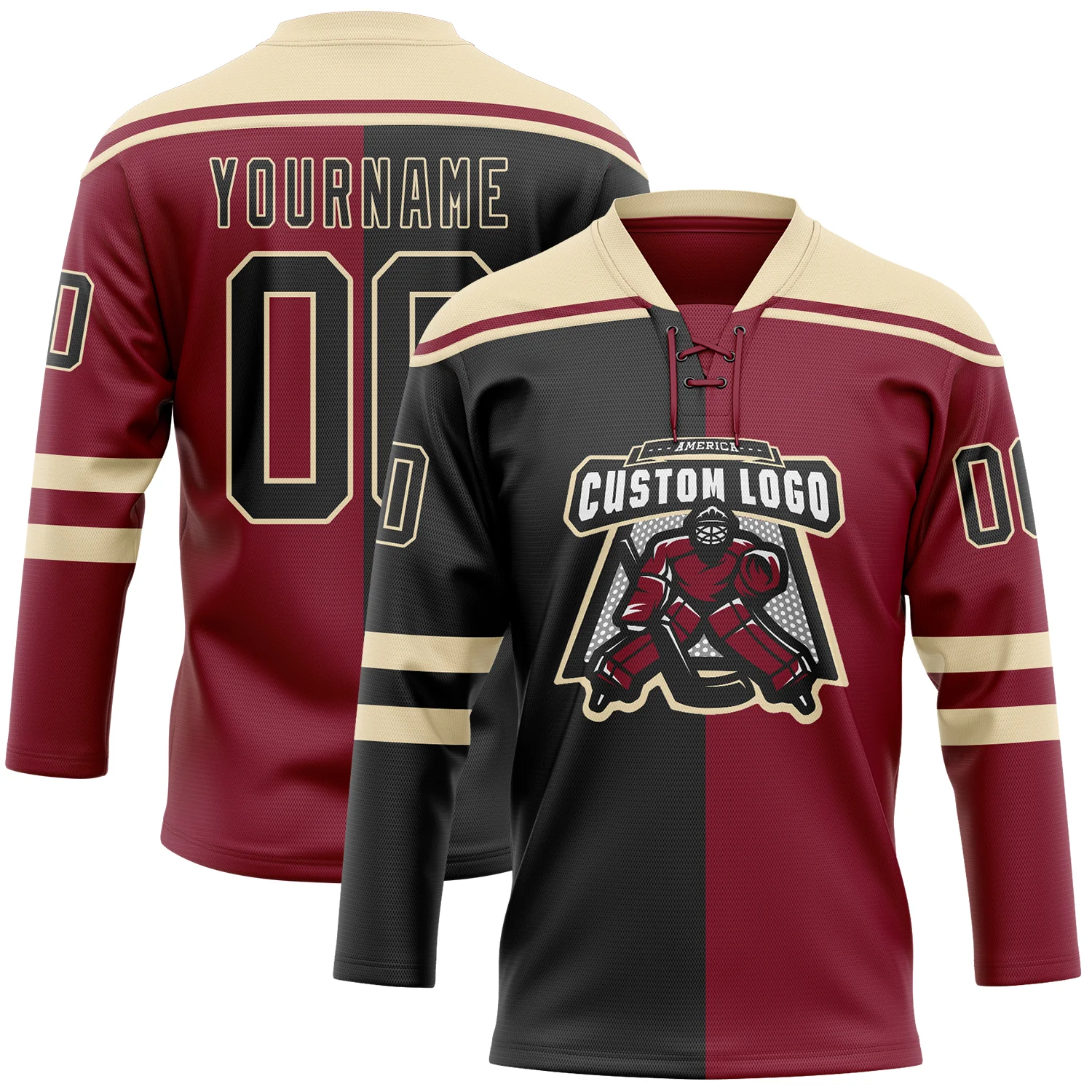 Custom Crimson Black-Cream Split Fashion Hockey Lace Neck Jersey