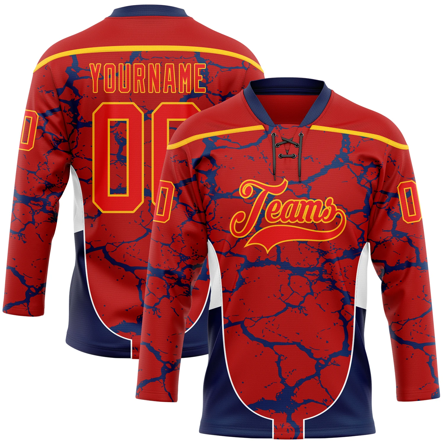 Custom Red Fire Red Gold Navy-White 3D Abstract Pattern Graphic Cyber Mecha E-sport Hockey Lace Neck Jersey