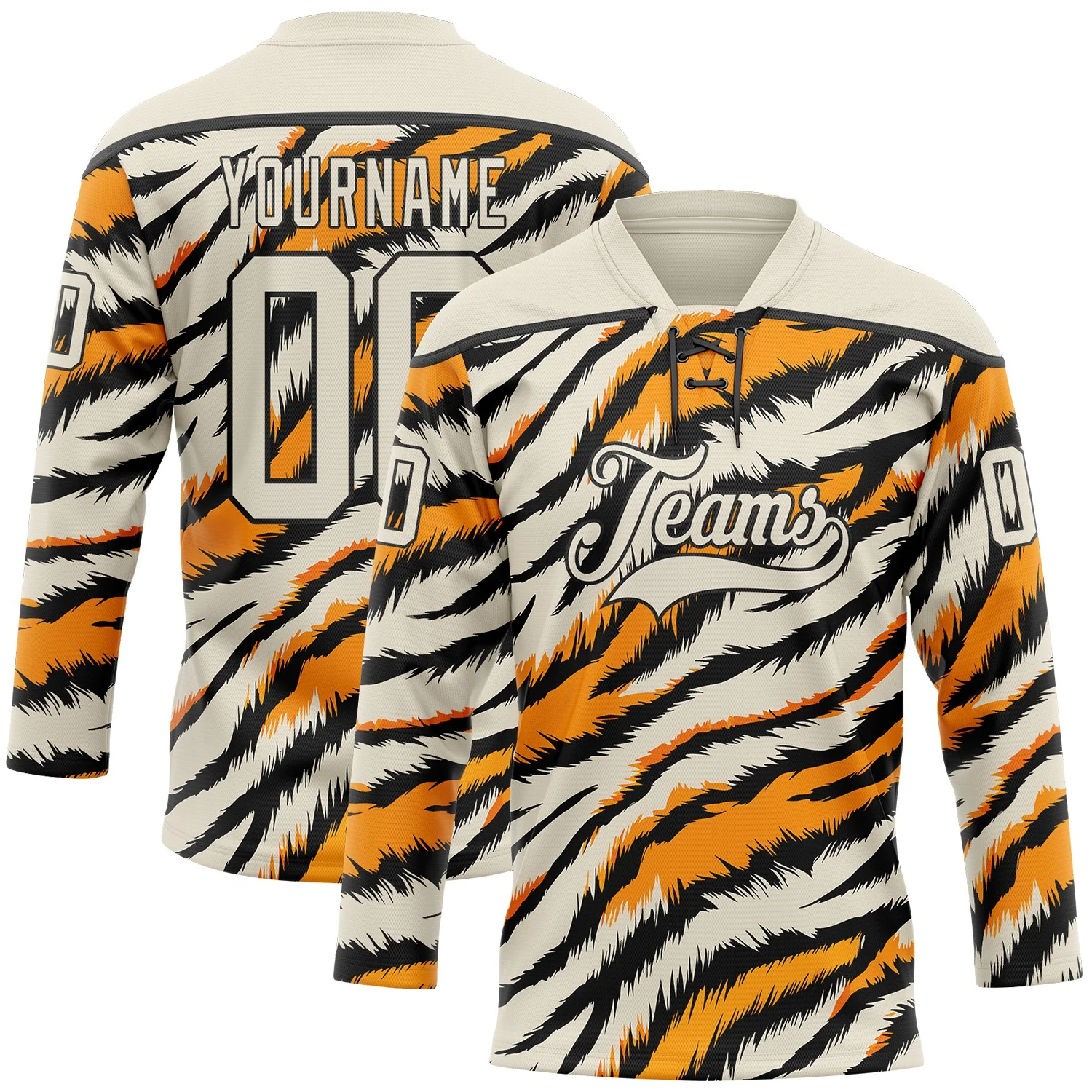 Custom Cream Orange-Black 3D Pattern Tiger Stripes Print Hockey Lace Neck Jersey