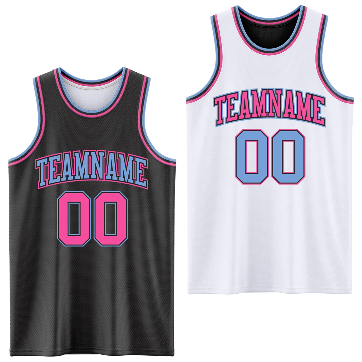 Custom Reversible Black Pink-Light Blue Double Side Sublimation Basketball Suit Jersey