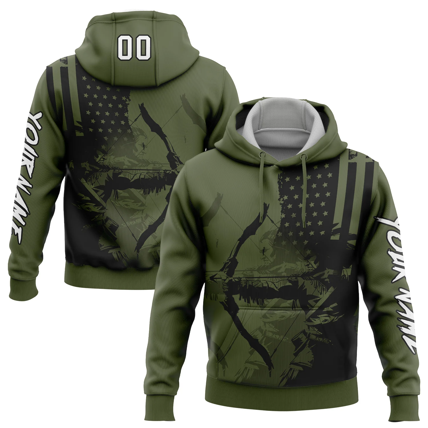 Custom Olive White-Black 3D American Flag And Bow Hunter Hunting Sports Pullover Sweatshirt Hoodie