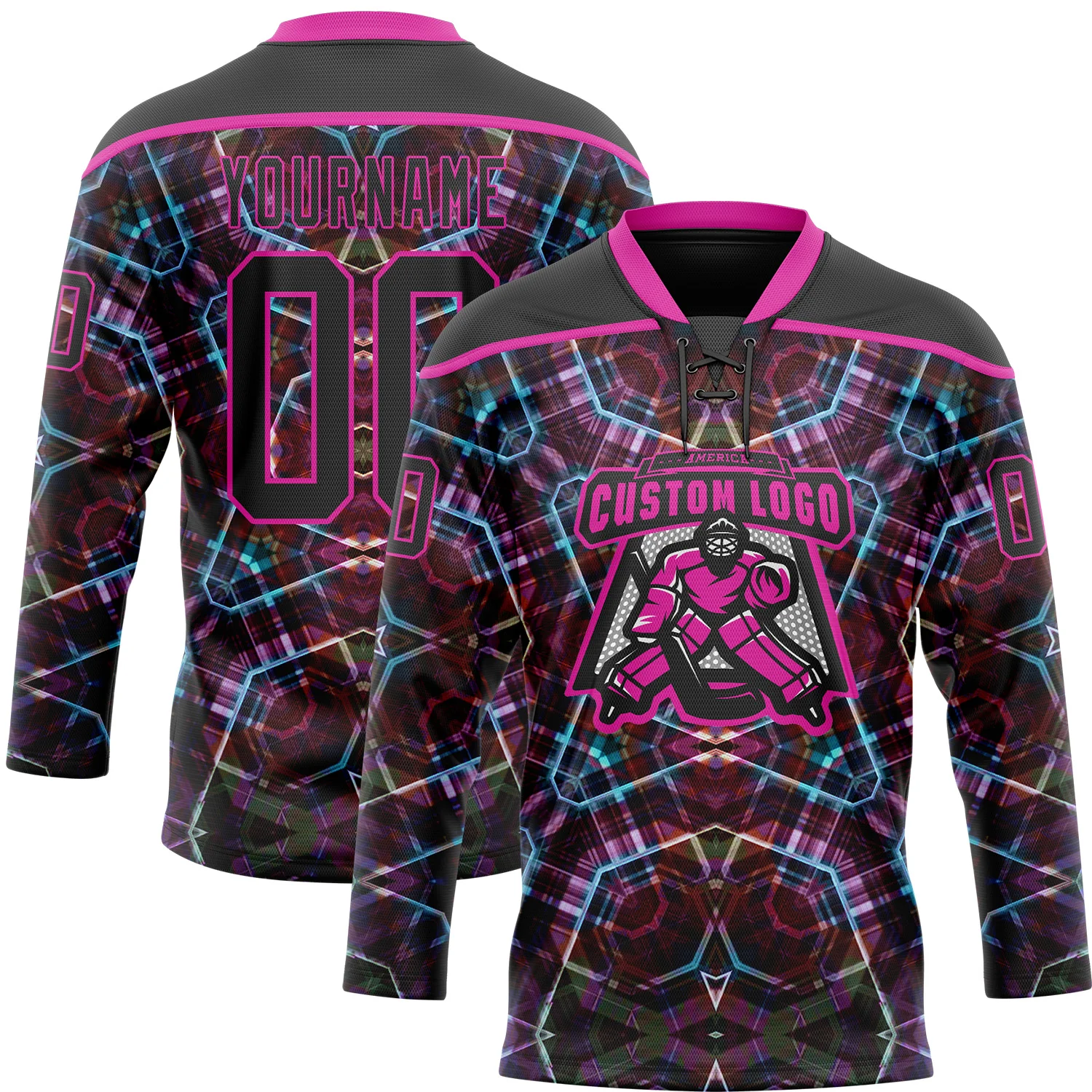 Custom Black Deep Pink-Blue 3D Pattern Trippy Psychedelic Geometric Hockey Lace Neck Jersey