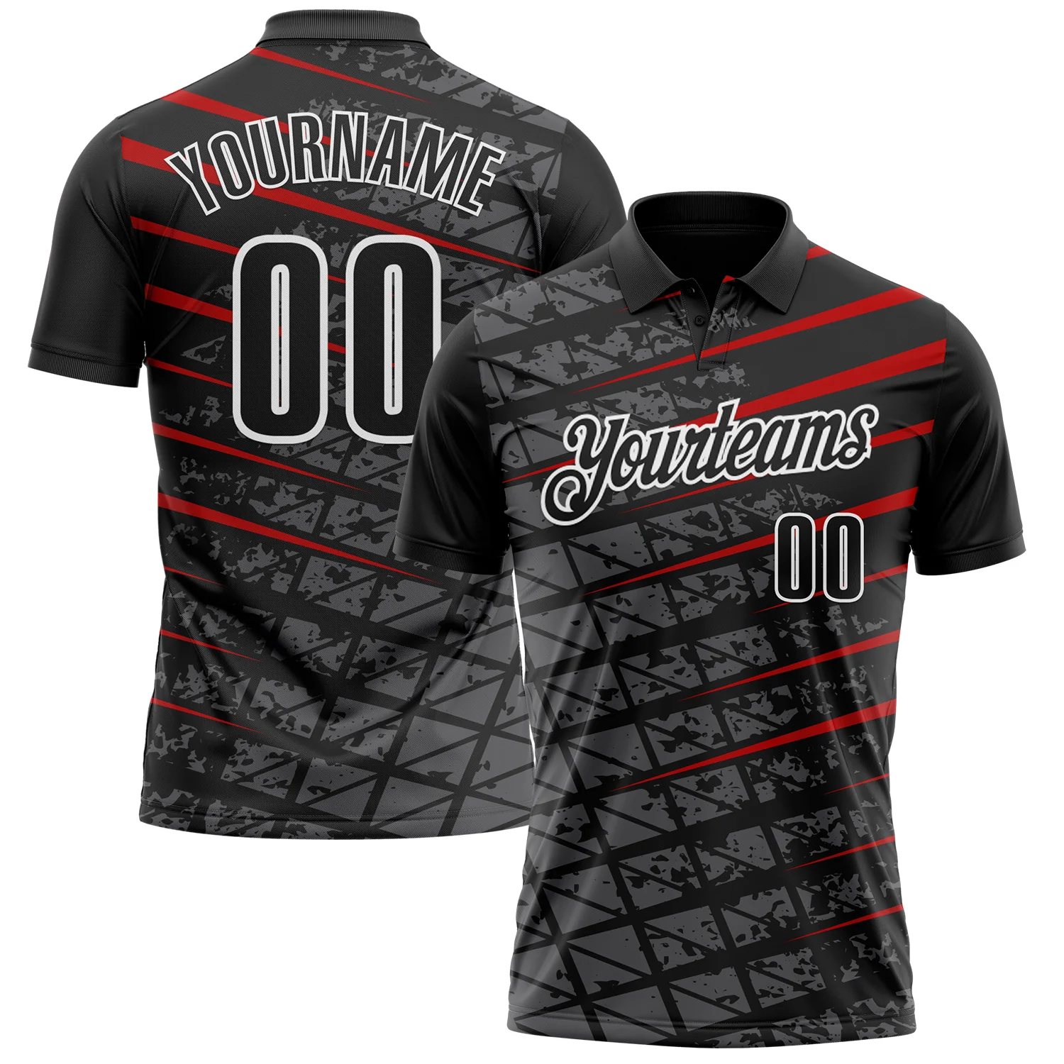 Custom Black Steel Gray Red-White 3D Pattern Design Grid And Fragment Art Performance Polo Shirt