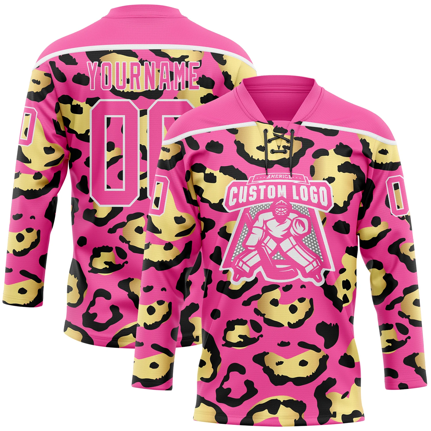 Custom Pink Yellow Black-White 3D Pattern Leopard Print Hockey Lace Neck Jersey