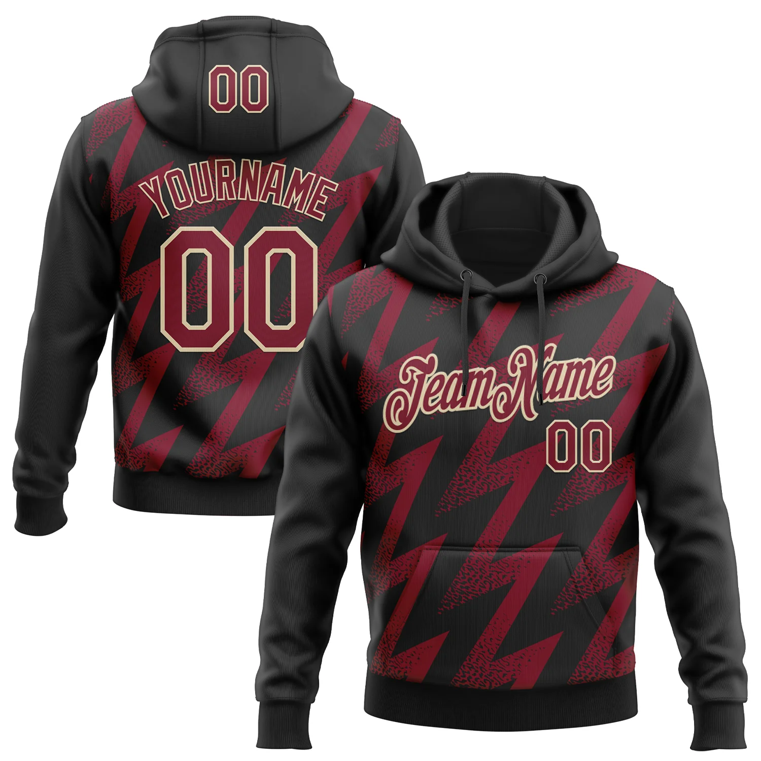 Custom Stitched Black Crimson-Cream 3D Pattern Design Zigzag Shape Sports Pullover Sweatshirt Hoodie